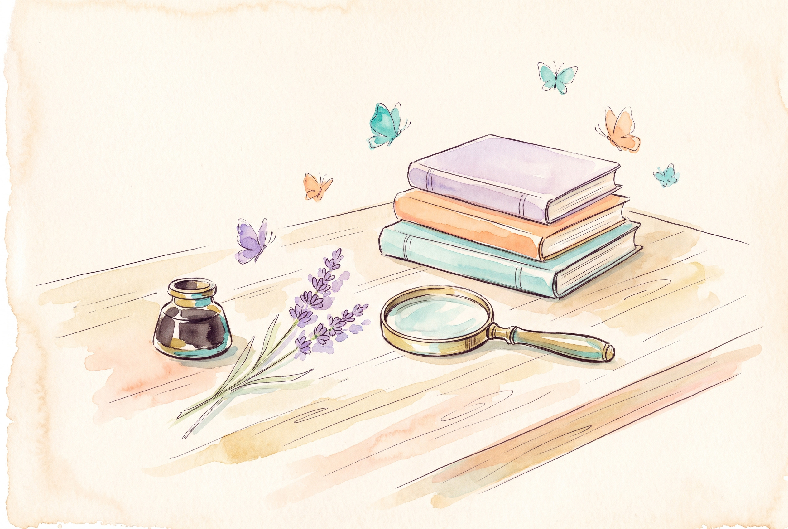 Aquarell: Schreibtisch mit Buchstapel, Lupe und Lavendelzweig