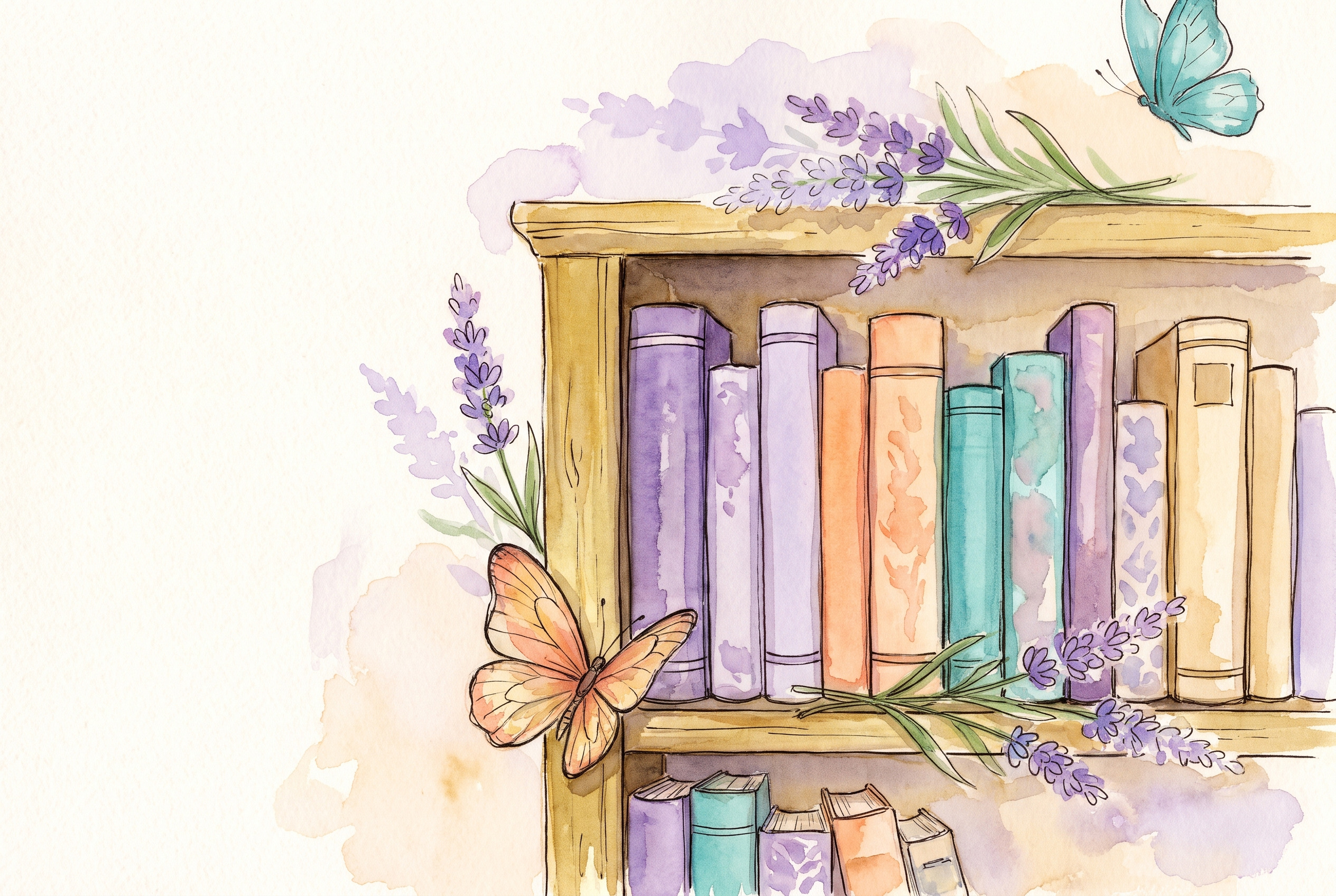 Aquarell: Bücherregal mit mehreren Bänden, goldenes Licht, Schmetterling