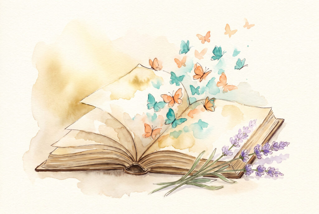 Aquarell: aufgeschlagenes Buch mit Schmetterlingen und Lavendel