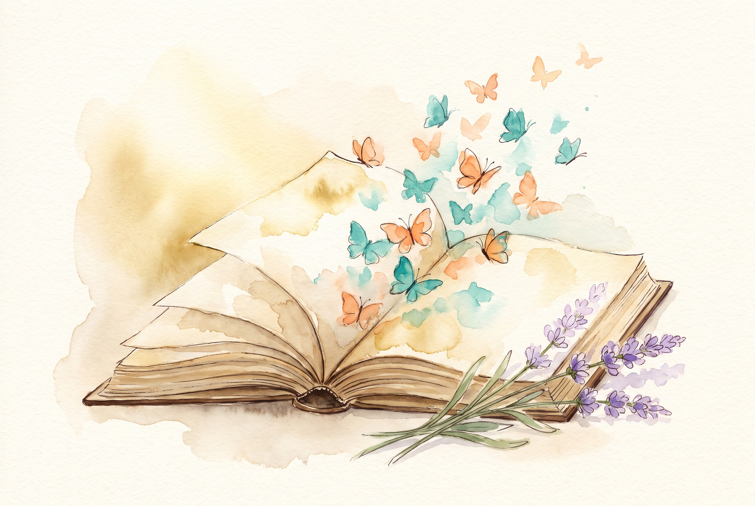 Aquarell: aufgeschlagenes Buch mit Schmetterlingen und Lavendel