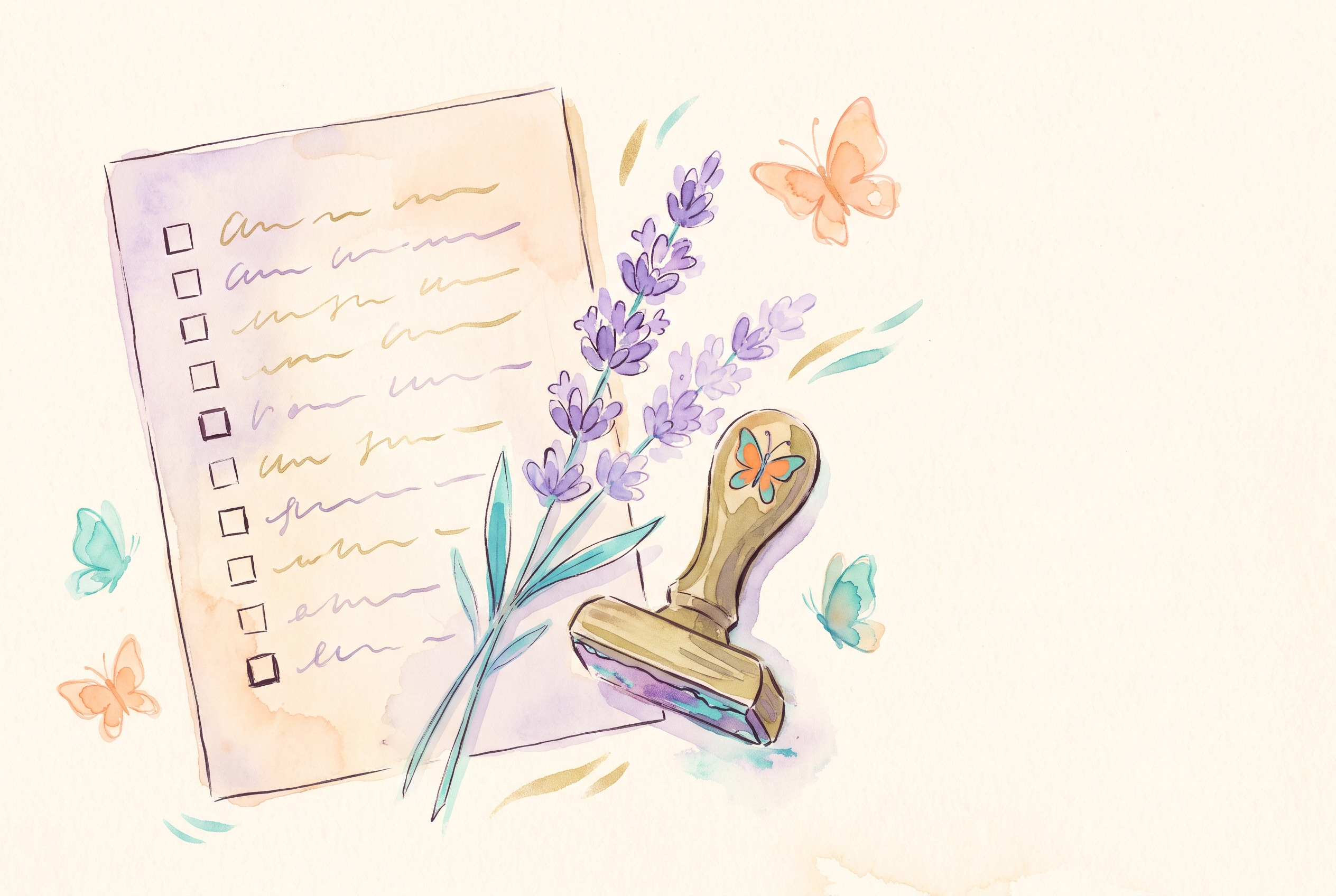 Aquarell: Checkliste auf Papier, daneben Stempel und Lavendel, Türkis- und Goldtöne