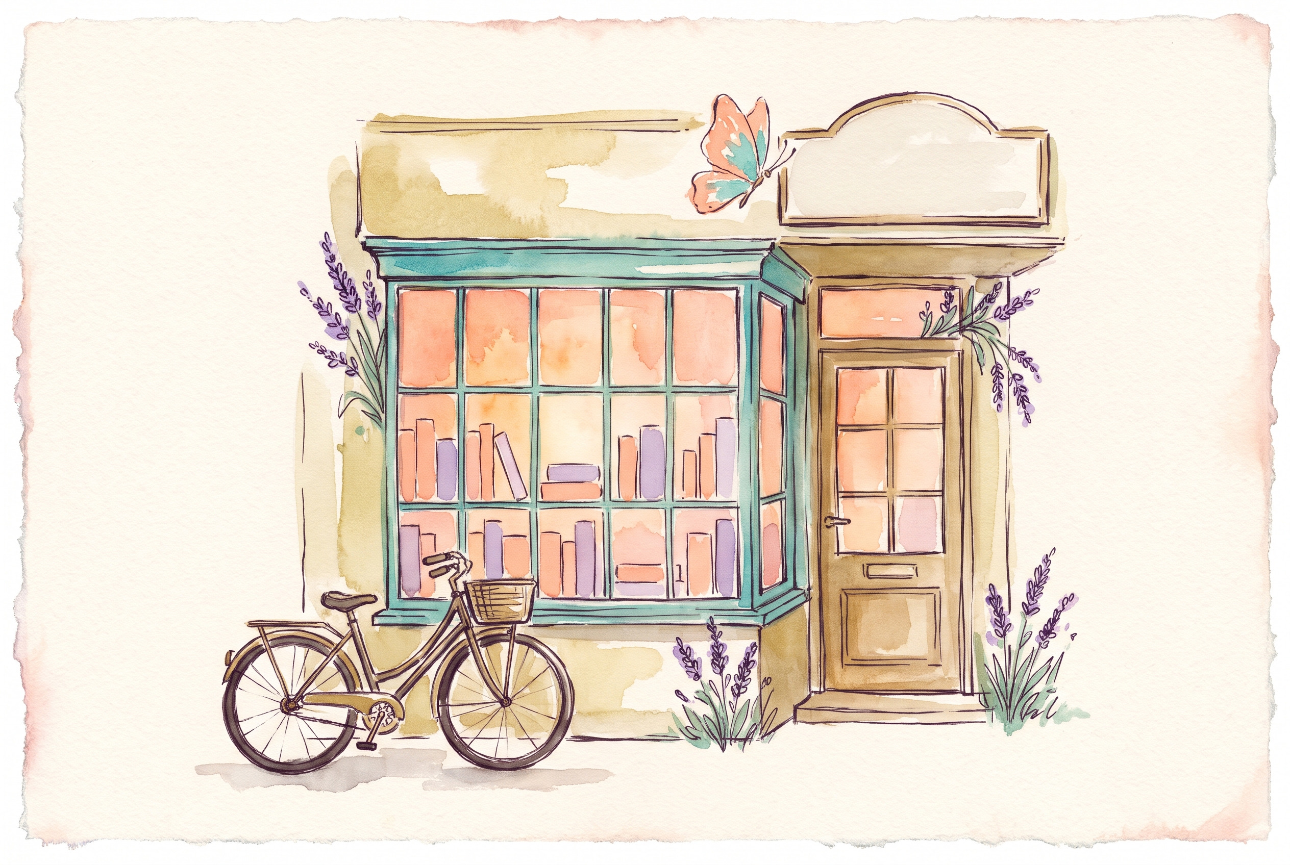 Aquarell: kleine Buchhandlung mit Schaufenster, warmes Licht, Pfirsichtöne