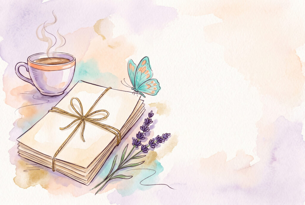 Aquarell: Schreibtisch mit Manuskriptstapel, Kaffeetasse, Schmetterling und Lavendel
