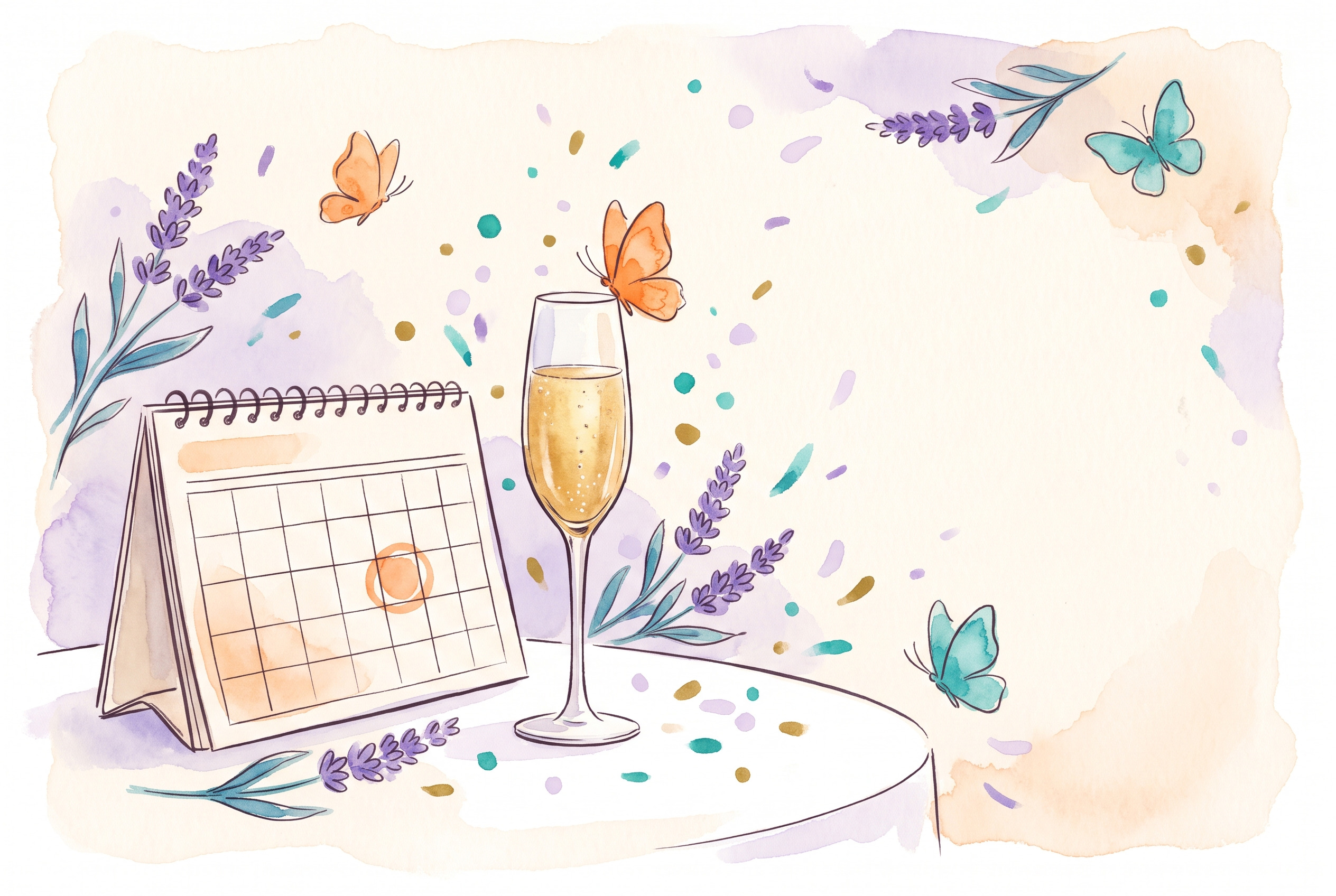 Aquarell: aufgeschlagener Kalender mit markiertem Tag, Sektglas und Schmetterling, Pfirsichtöne
