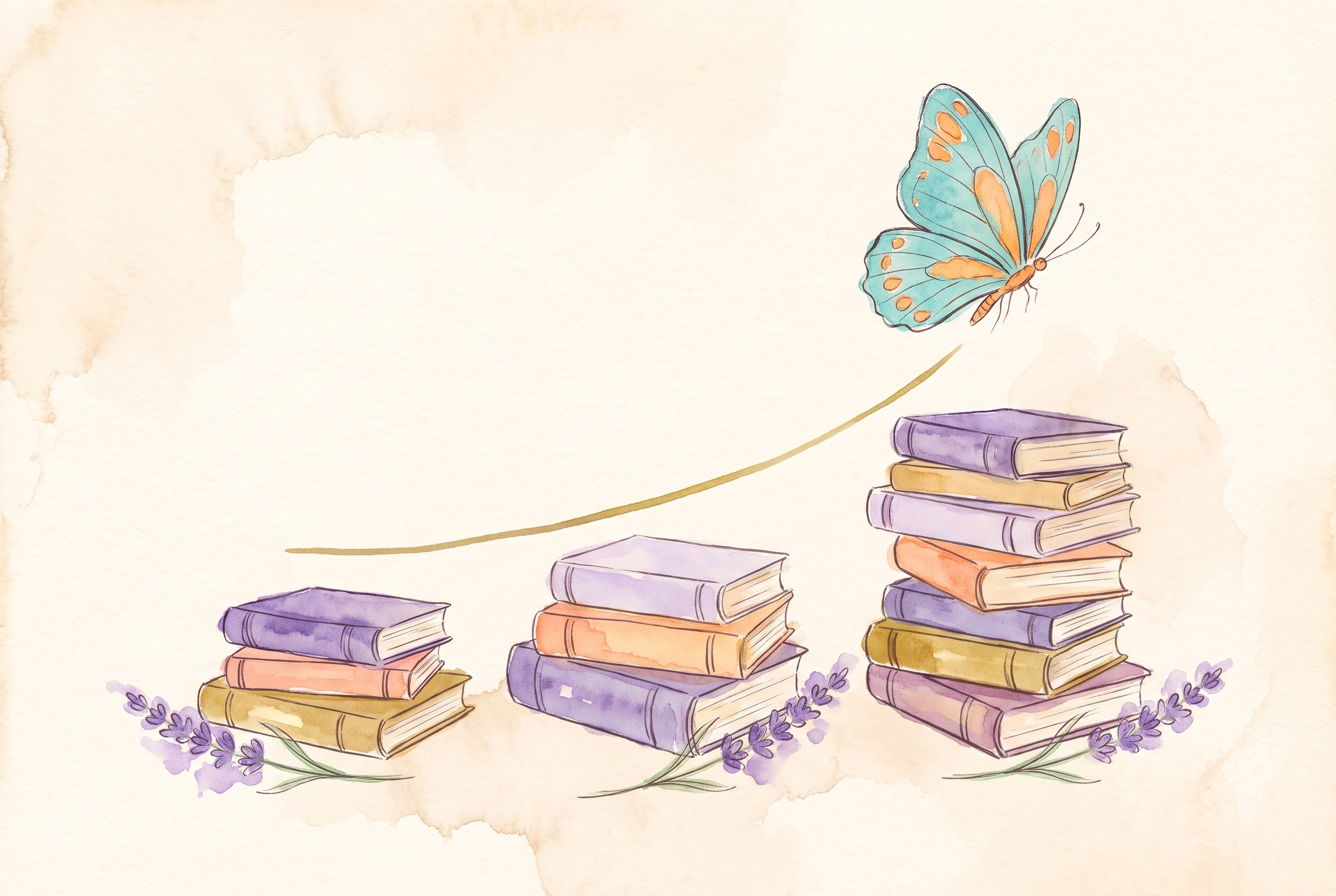Aquarell: drei Bücherstapel, die von links nach rechts wachsen, verbunden durch eine goldene Linie, Lavendel und Schmetterling