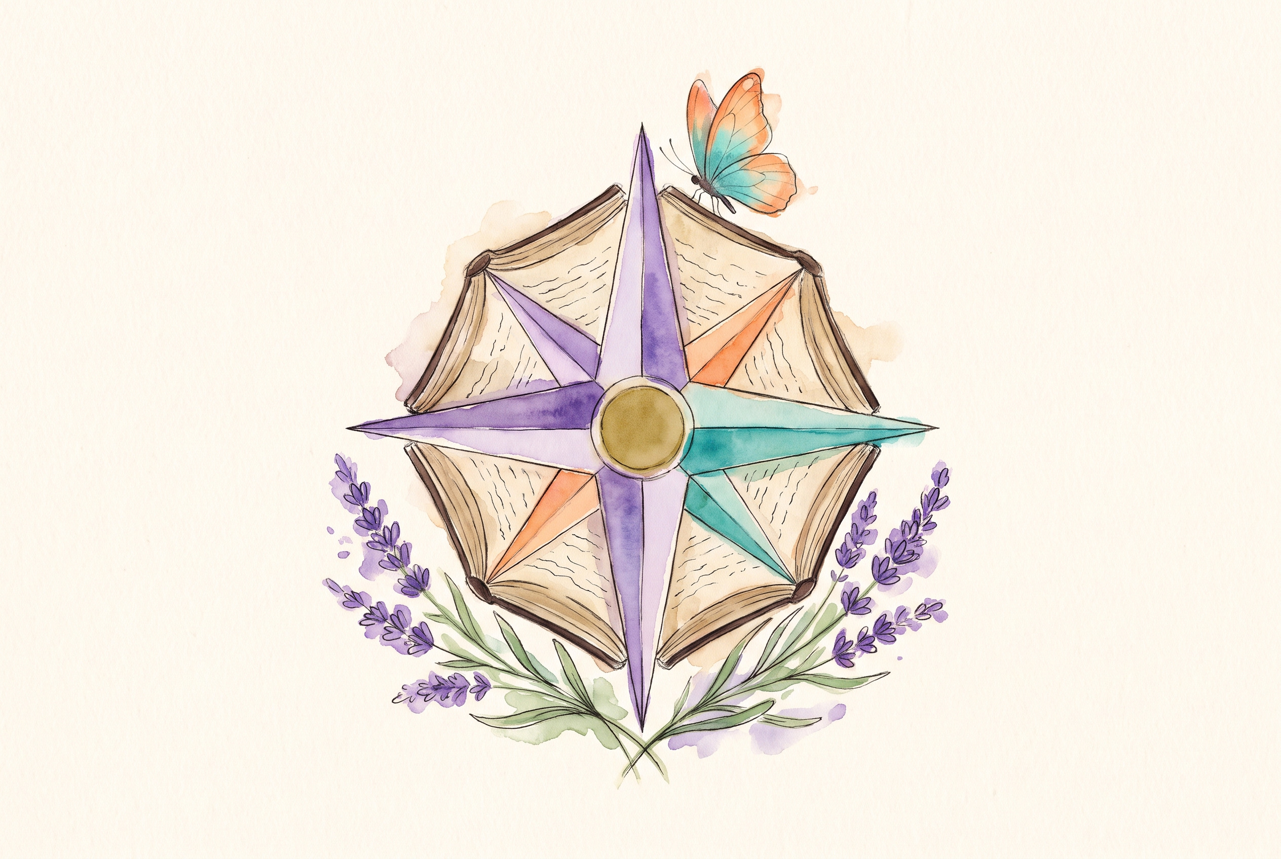Aquarell: Kompassrose aus Buchseiten mit Schmetterling, Lavendel und Goldakzenten