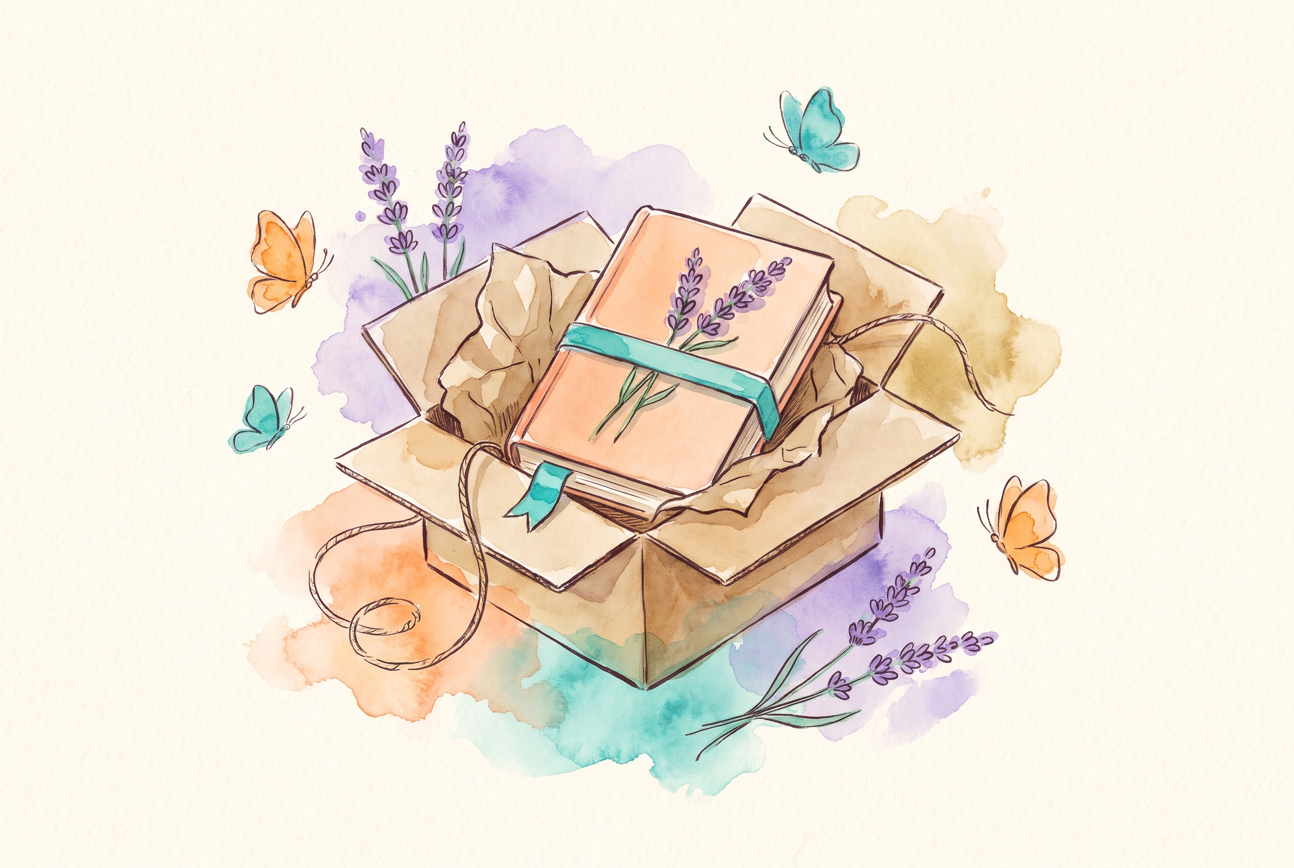 Aquarell: Paket mit Buch, Lesezeichen und Lavendelzweig, bereit zum Versand, Türkis- und Pfirsichtöne