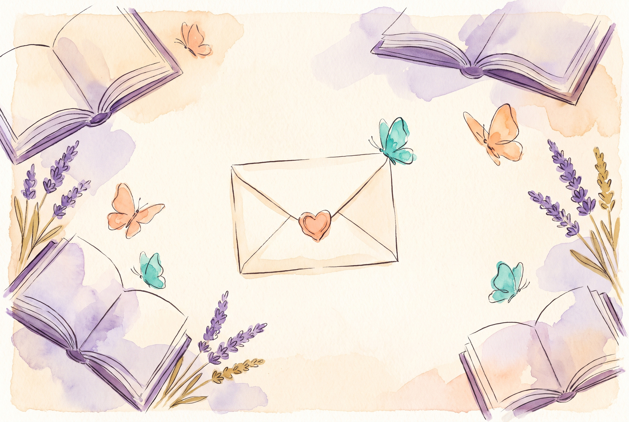 Aquarell: Briefumschlag mit Herz-Siegel und kleinem Schmetterling, Papiertextur