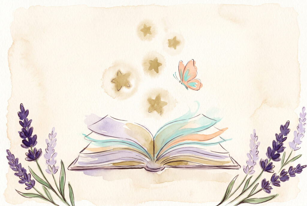 Aquarell: fünf goldene Sterne über einem aufgeschlagenen Buch, Schmetterling, Lavendel