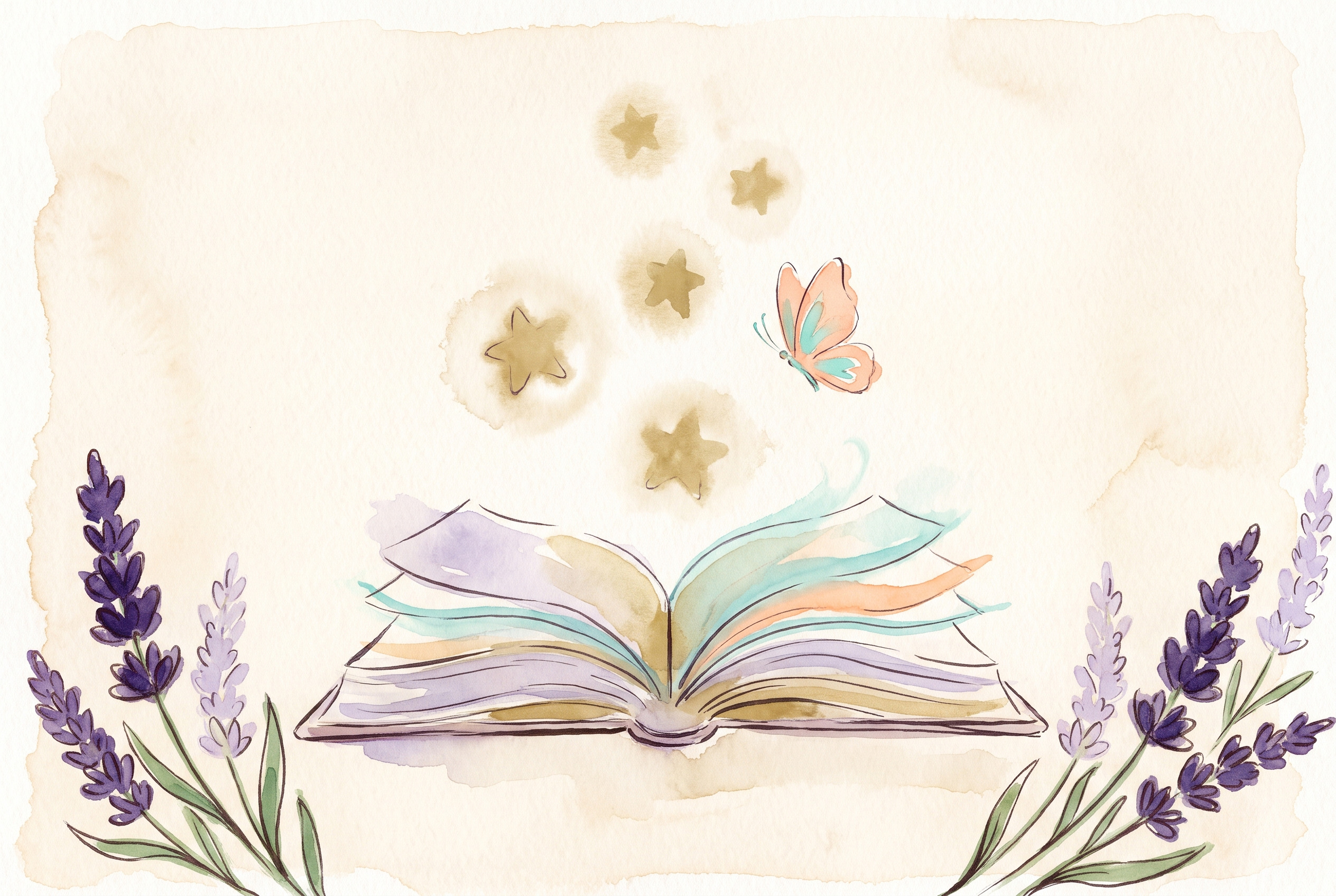 Aquarell: fünf goldene Sterne über einem aufgeschlagenen Buch, Schmetterling, Lavendel