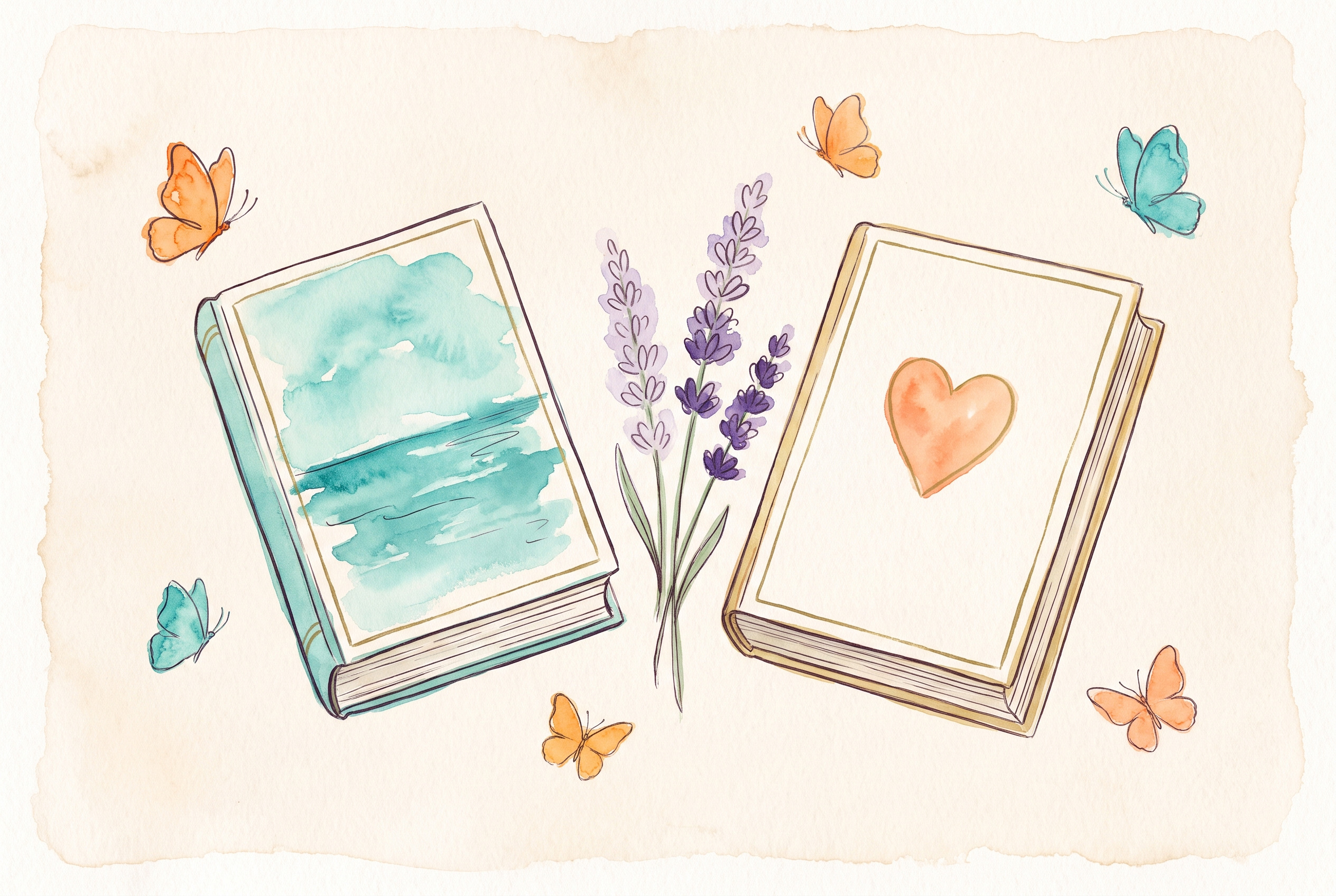 Aquarell: zwei nebeneinanderliegende Bücher, eines mit Meeresmotiv, eines mit Herz-Motiv, Pfirsich und Türkis