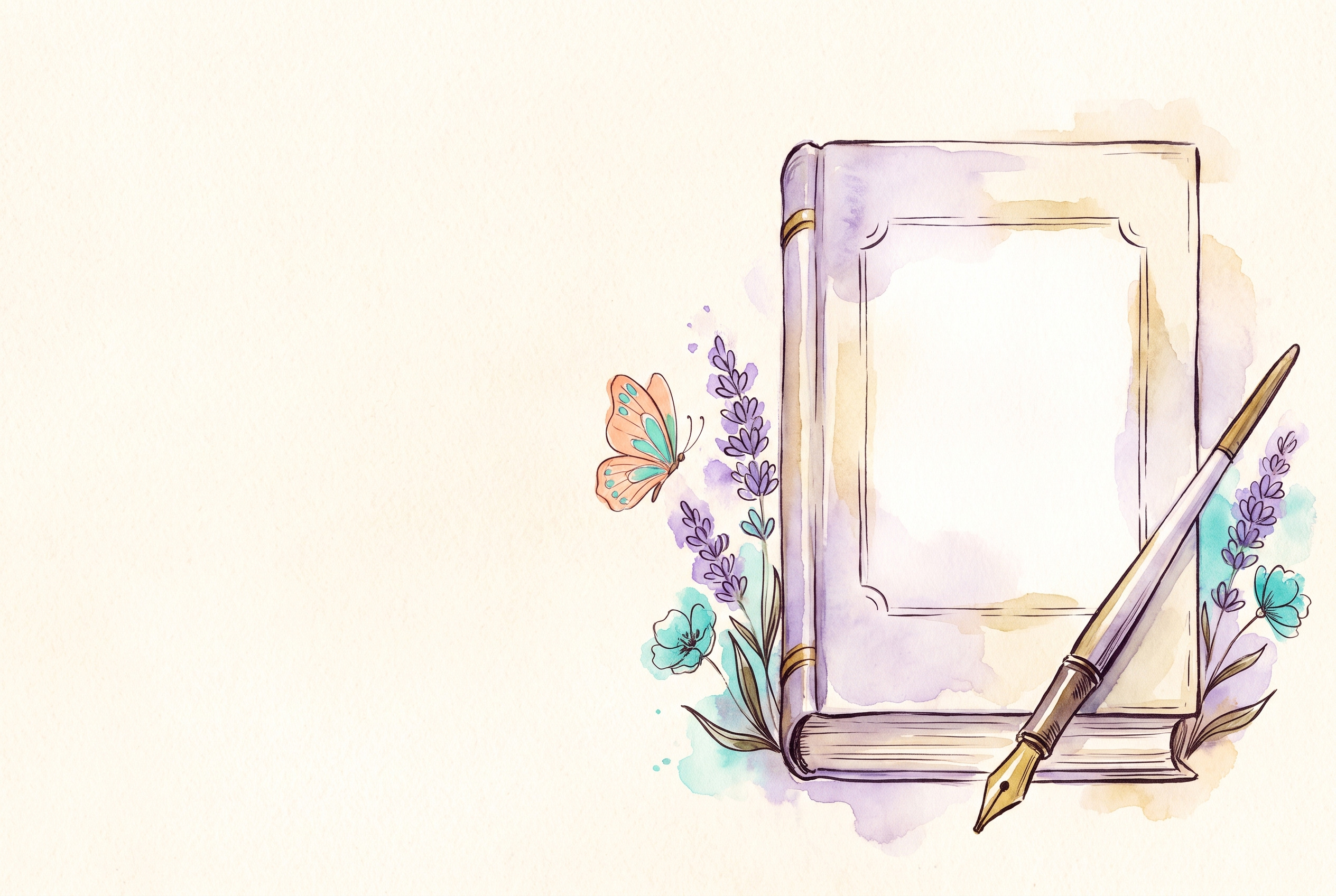 Aquarell: Buchrückseite mit leerem Textfeld, Feder, Lavendel und Schmetterling