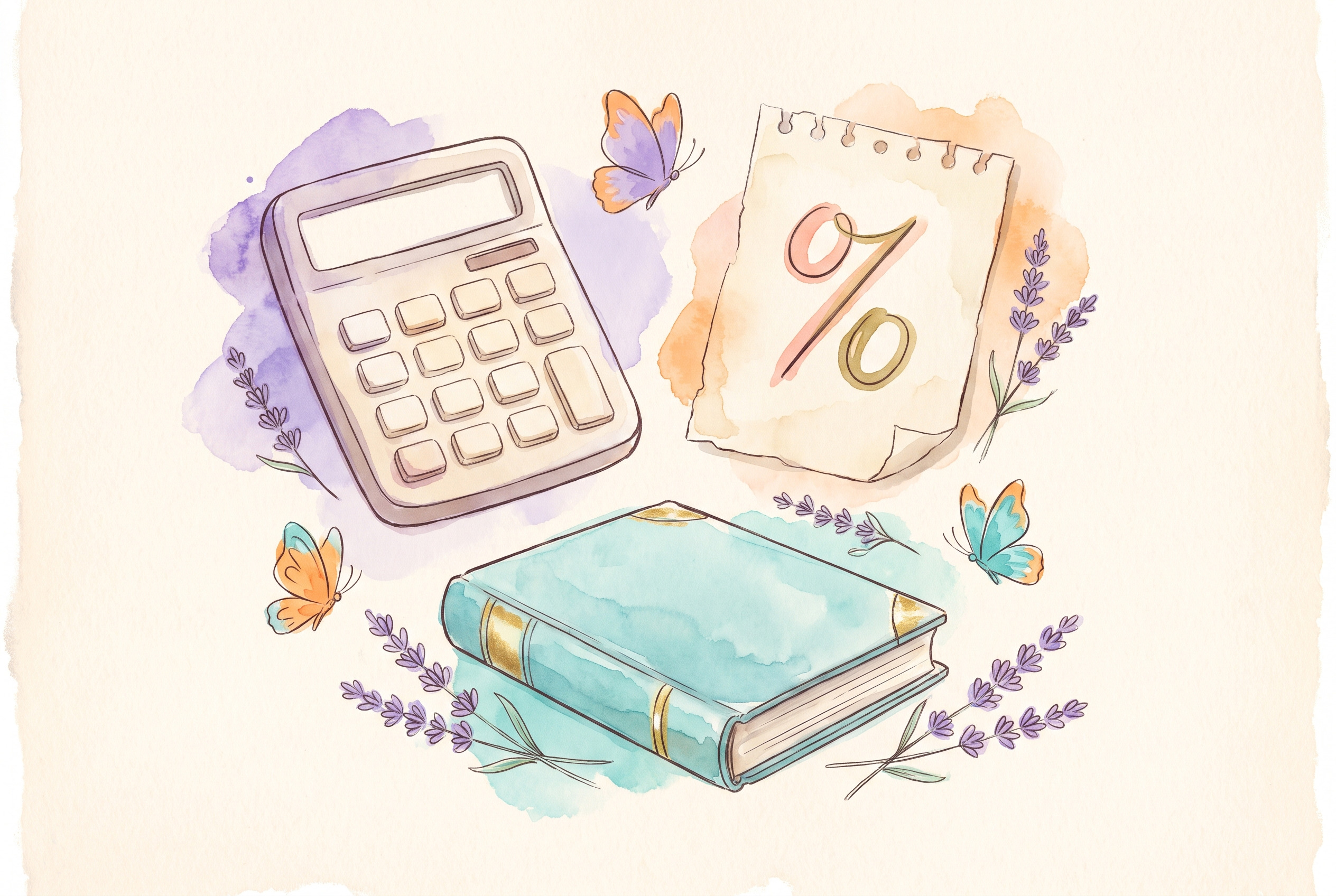 Aquarell: Taschenrechner, Notizzettel mit Prozentzeichen und ein Buch, Türkis- und Goldtöne