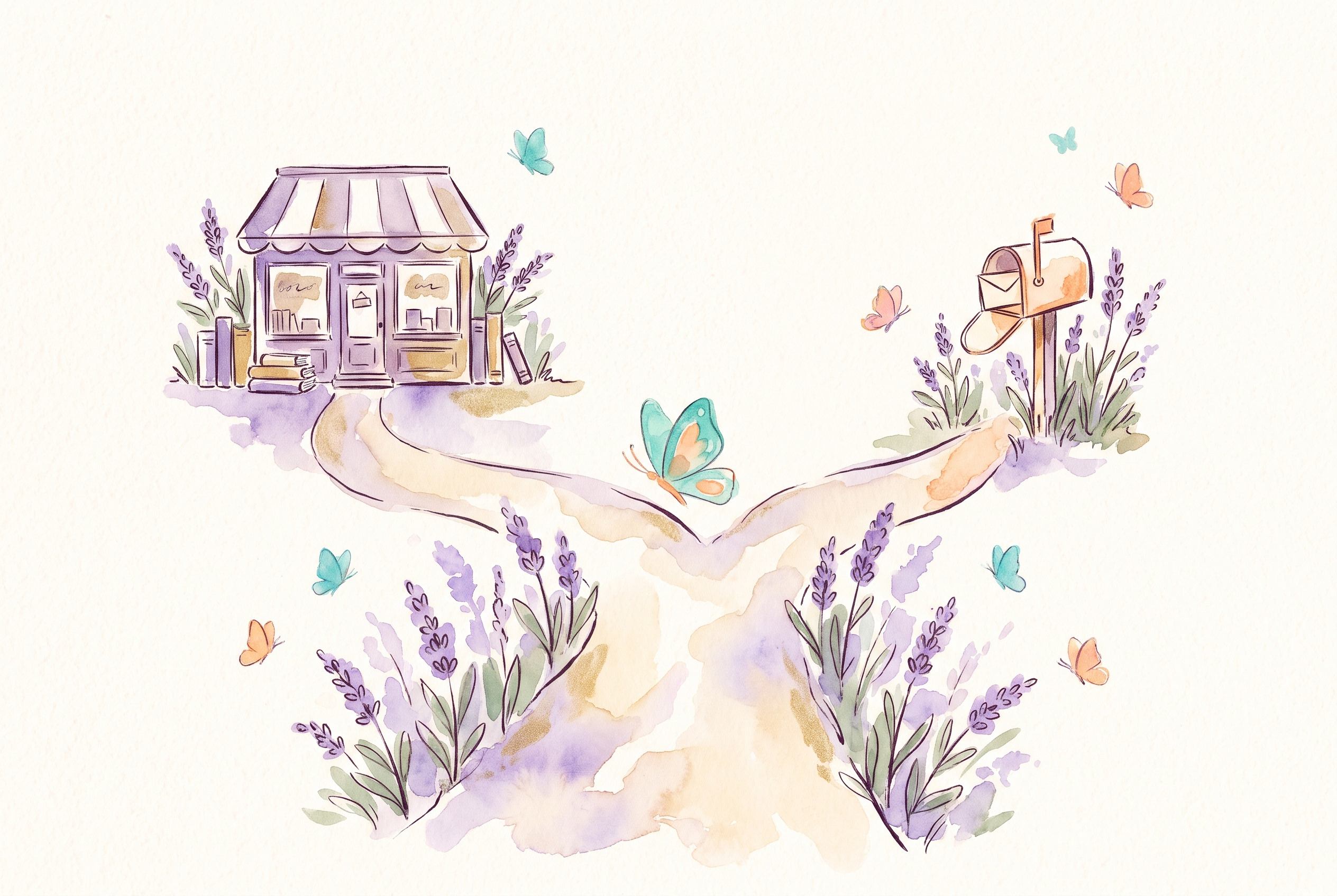 Aquarell: zwei Wege, die sich teilen, einer führt zu einem Buchladen, der andere zu einem Briefkasten, Lavendel am Wegrand