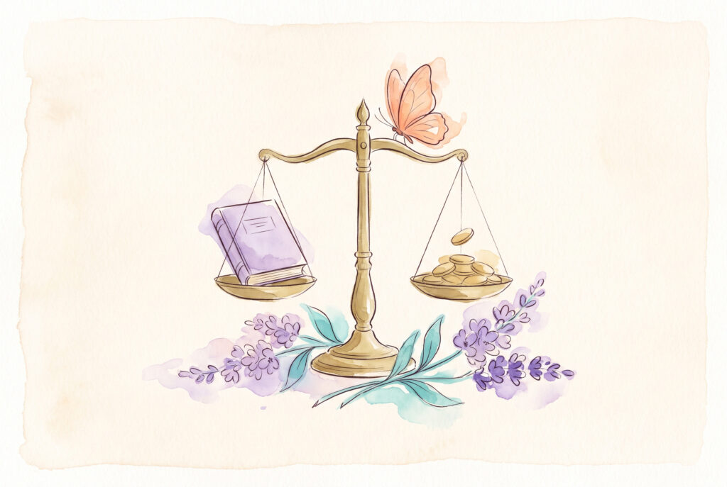 Aquarell: Buch auf einer Waage, auf der anderen Seite Münzen, daneben Schmetterling und Lavendel