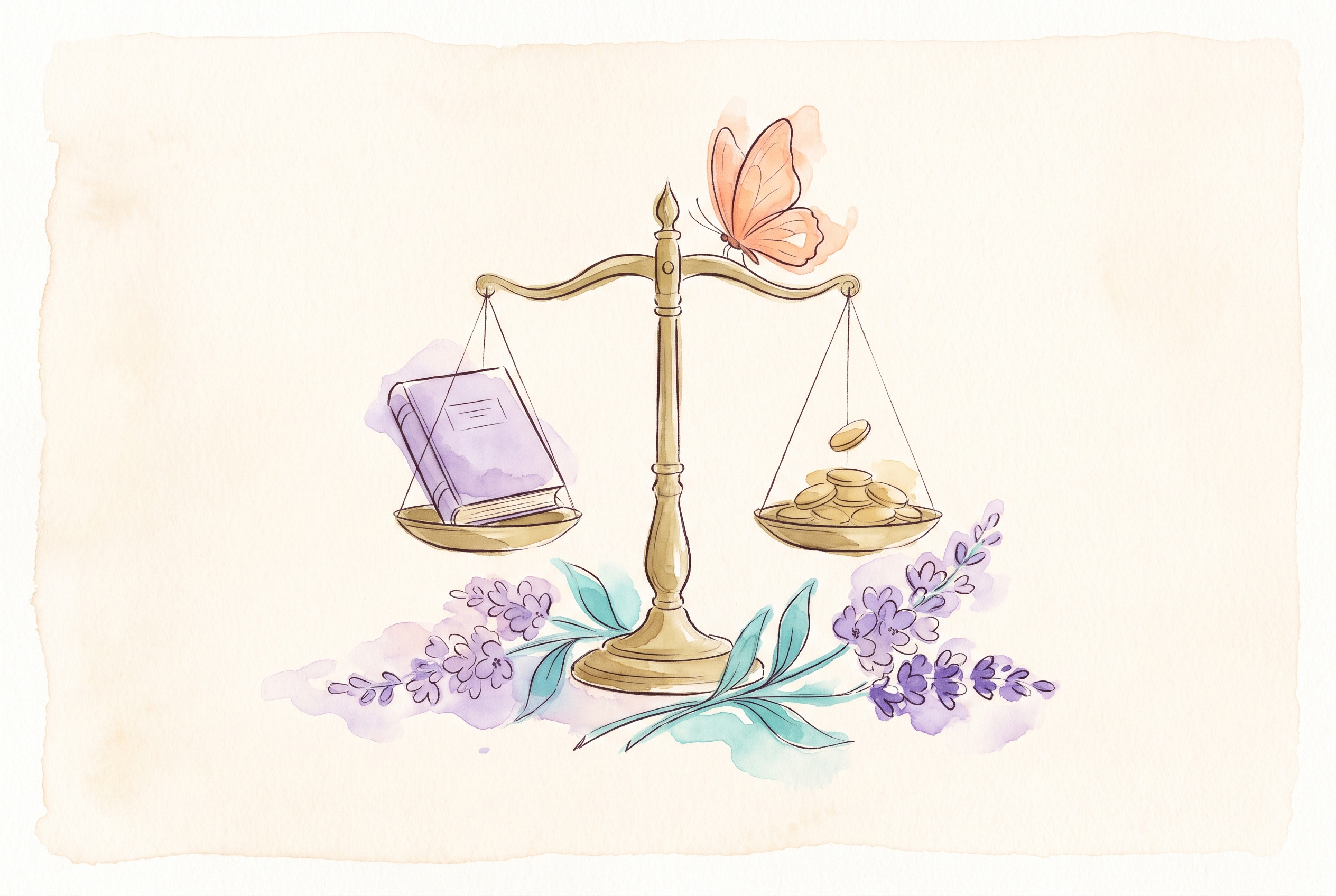 Aquarell: Buch auf einer Waage, auf der anderen Seite Münzen, daneben Schmetterling und Lavendel
