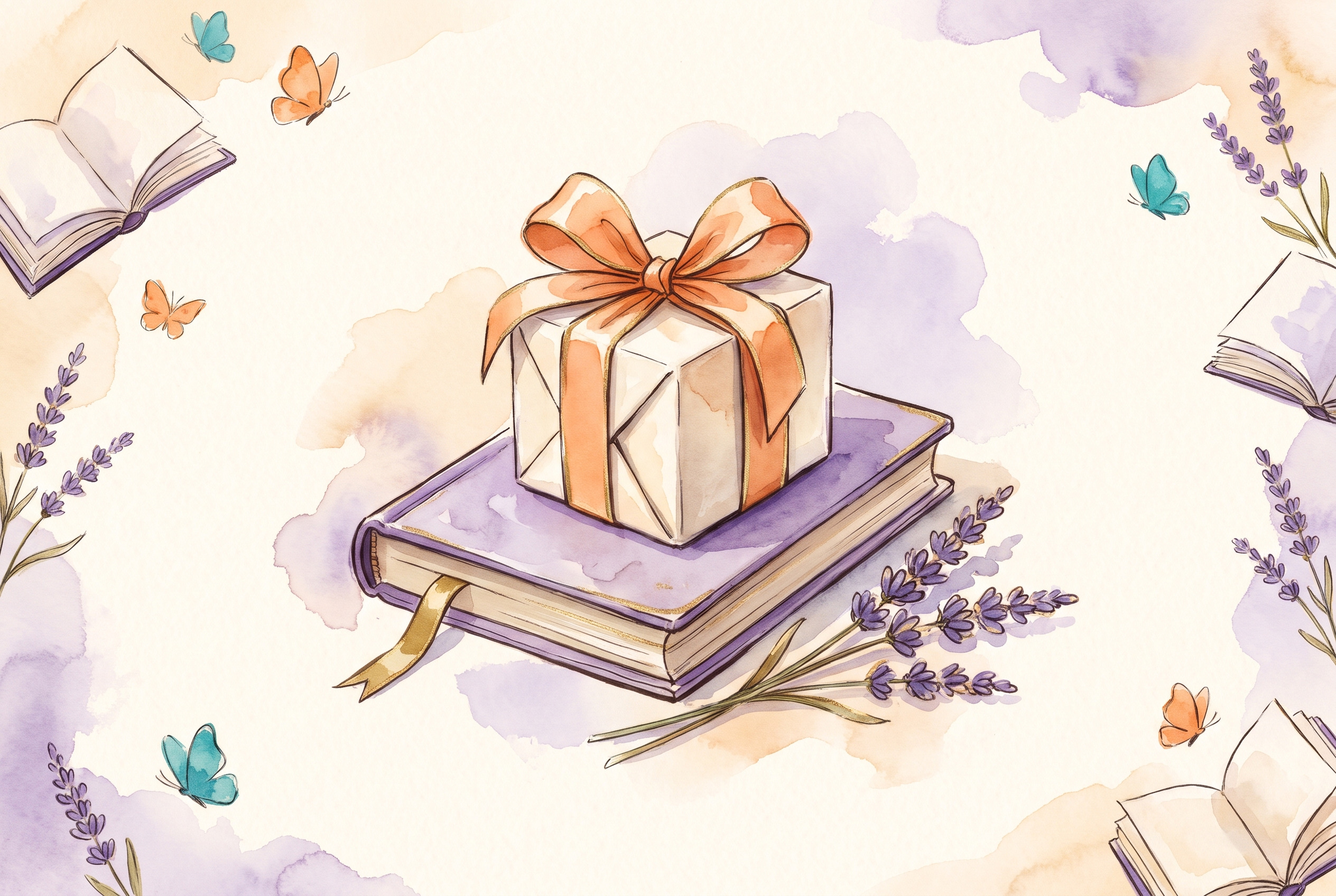 Aquarell: kleines Geschenk mit Schleife auf einem Buch, daneben Lavendel und ein Lesezeichen