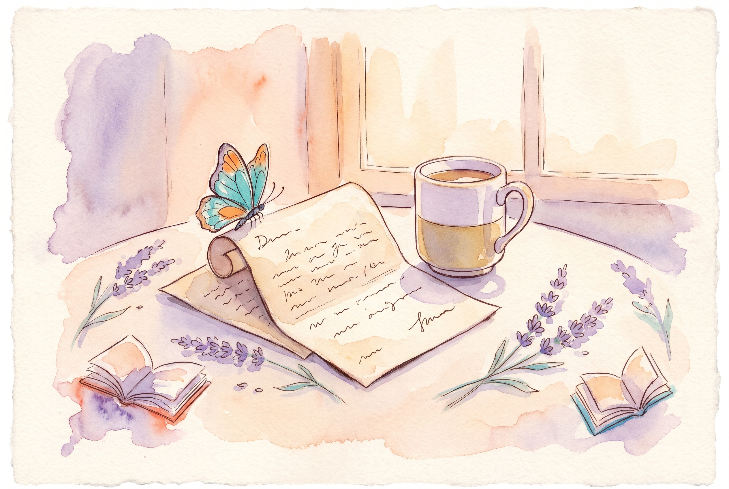 Aquarell: offener Brief mit handgeschriebenen Zeilen, daneben Tasse und Schmetterling, warmes Licht