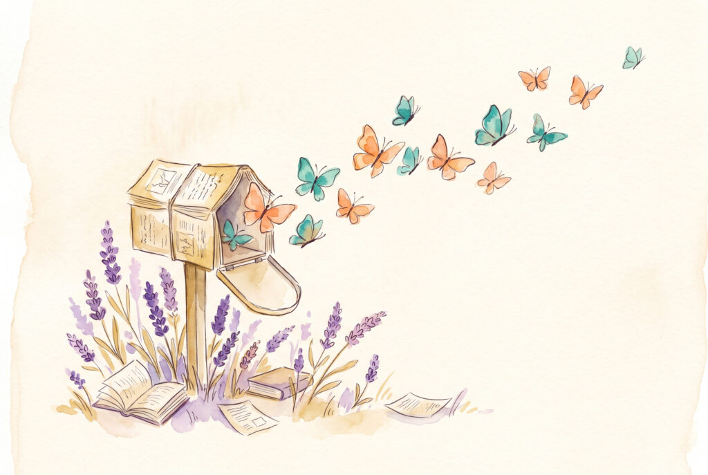 Aquarell: Briefkasten aus Buchseiten, aus dem Schmetterlinge fliegen, Lavendel am Fuß