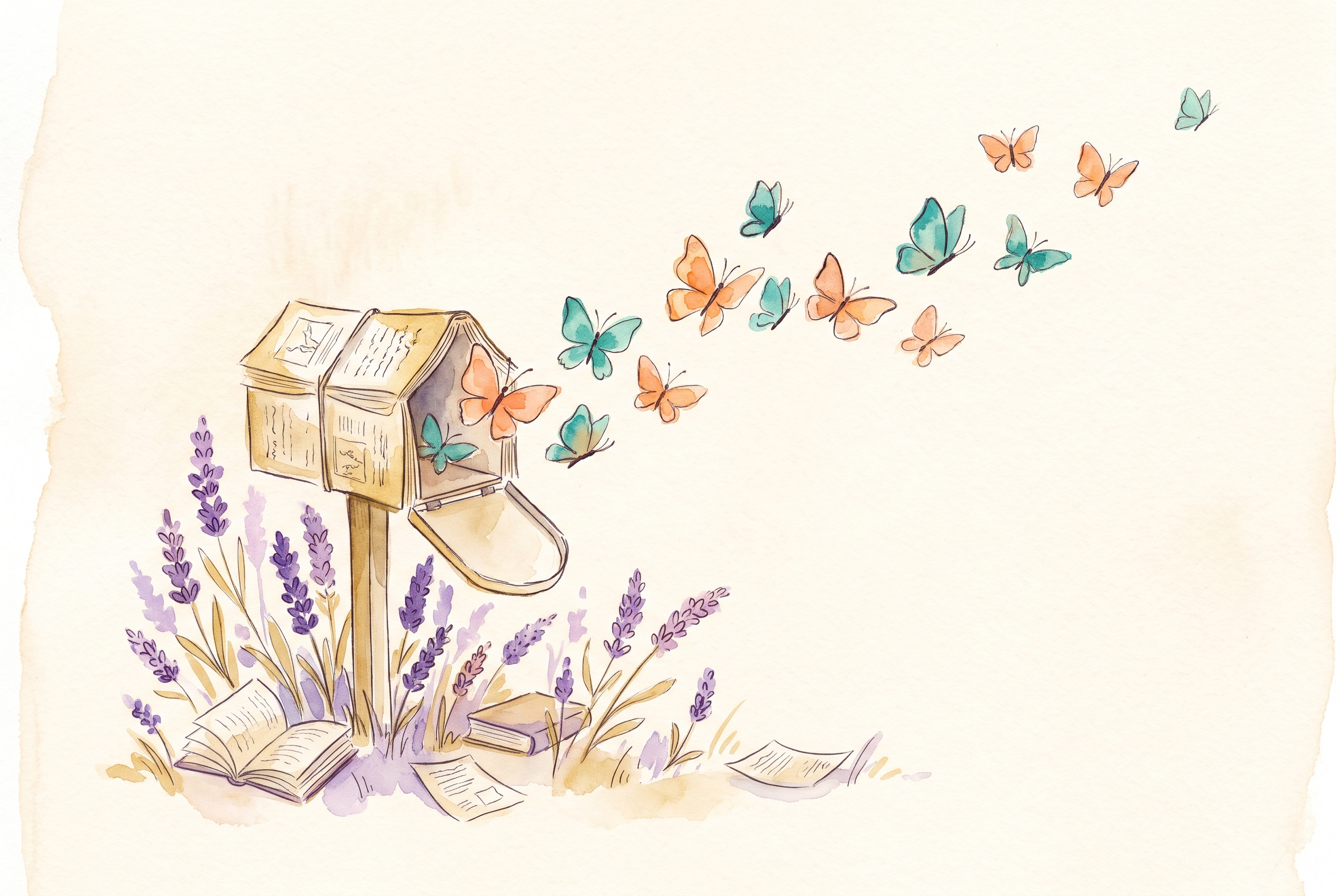 Aquarell: Briefkasten aus Buchseiten, aus dem Schmetterlinge fliegen, Lavendel am Fuß
