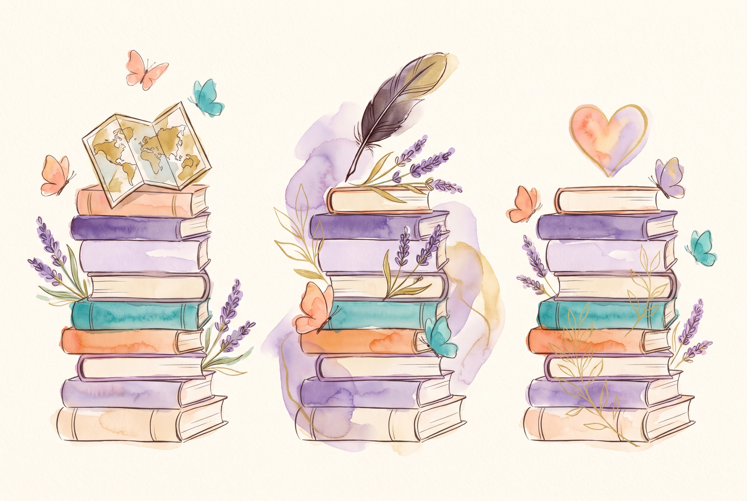 Aquarell: drei Säulen aus Büchern, auf jeder ein Symbol: Landkarte, Feder, Herz; Lavendel und Gold