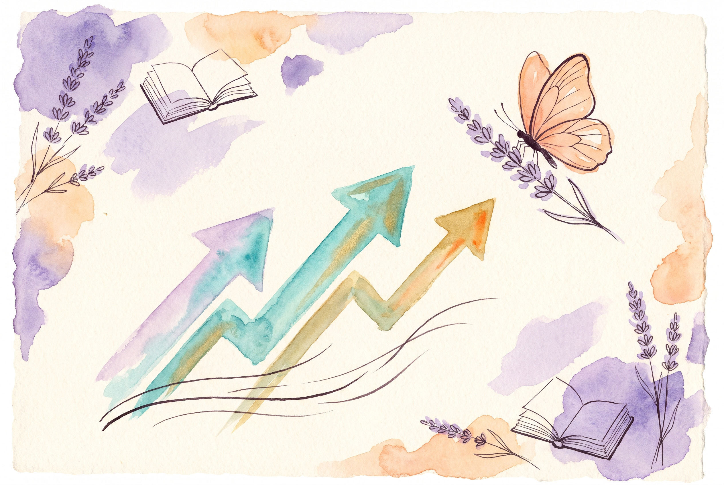 Aquarell: kleine Grafik mit drei Pfeilen nach oben auf Aquarellpapier, Schmetterling am Rand, Türkis und Gold
