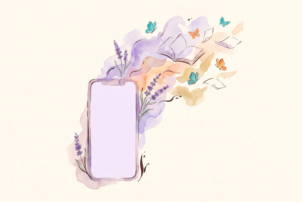 Aquarell: Smartphone-Silhouette, aus der Buchseiten und Schmetterlinge aufsteigen, Lavendel und Pfirsichtöne