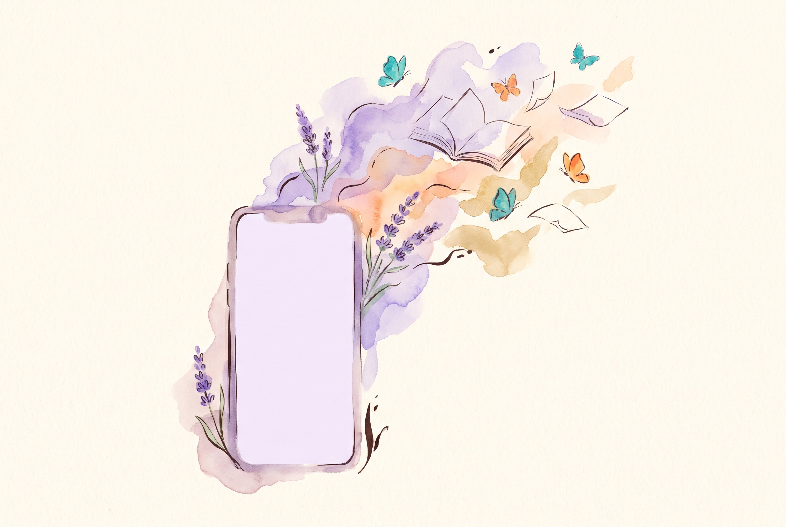 Aquarell: Smartphone-Silhouette, aus der Buchseiten und Schmetterlinge aufsteigen, Lavendel und Pfirsichtöne