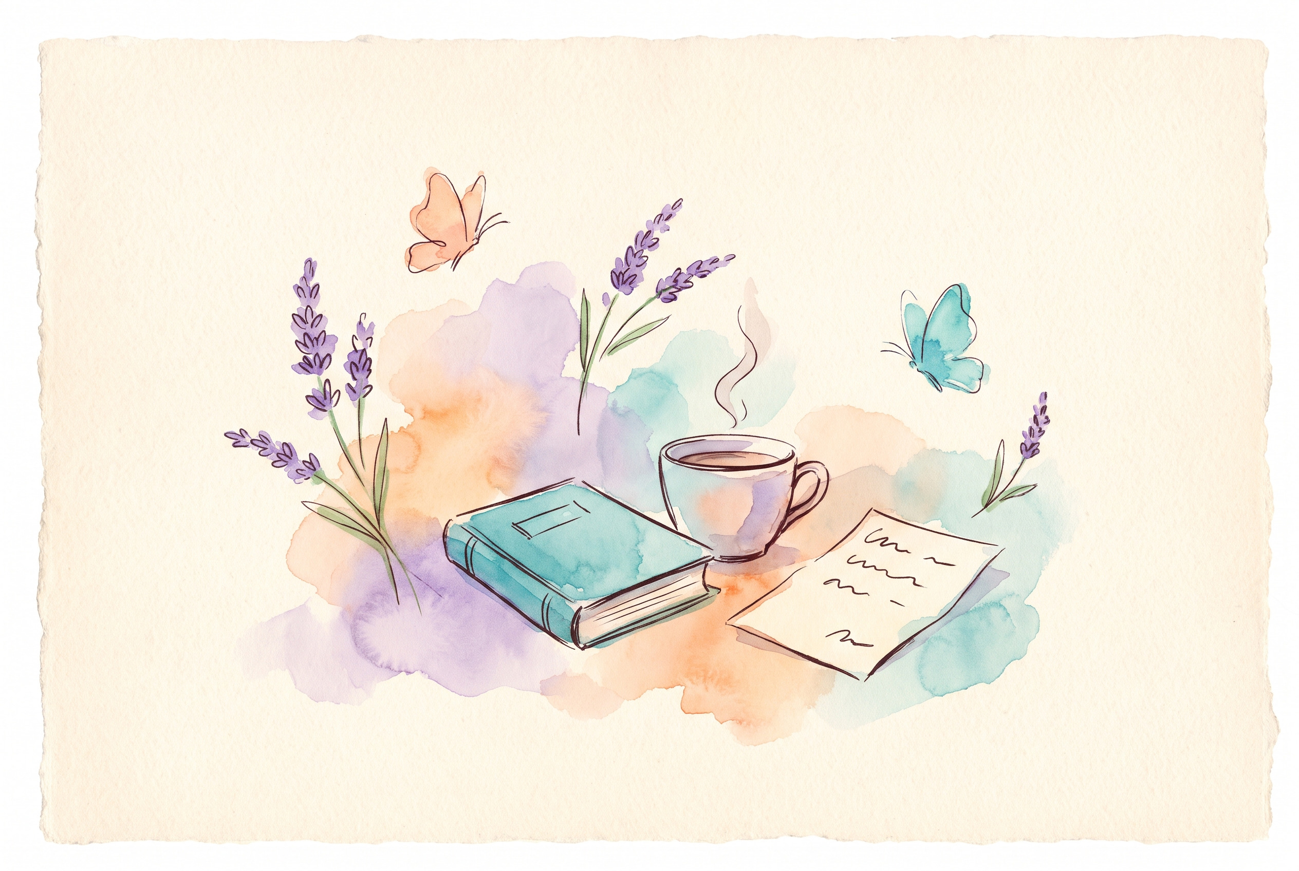 Aquarell: handgeschriebener Brief mit kurzem Text, daneben ein Buch und eine Tasse, Pfirsich- und Türkistöne