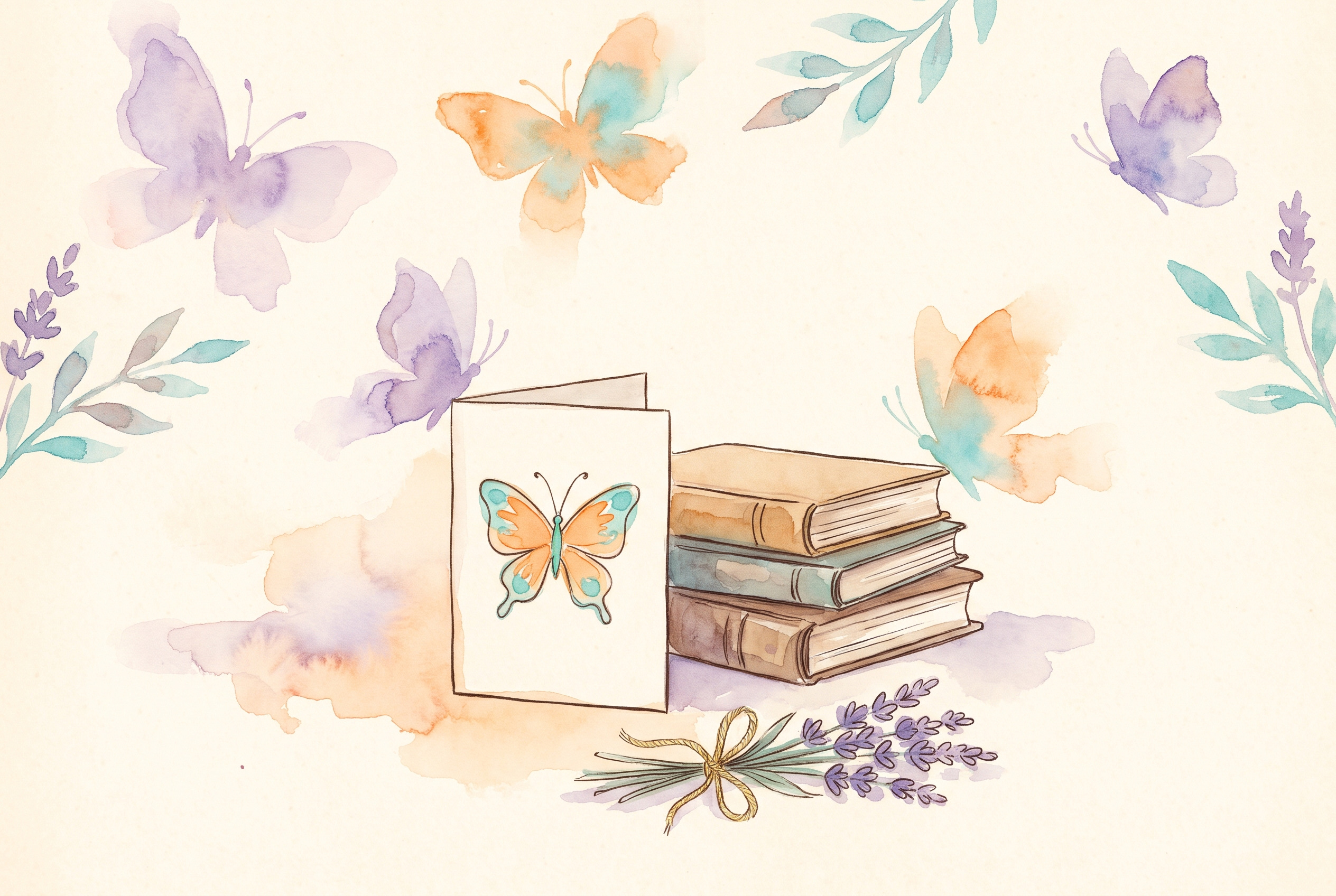Aquarell: Dankeskarte mit Schmetterling und kleinem Lavendelstrauß auf einem Buchstapel