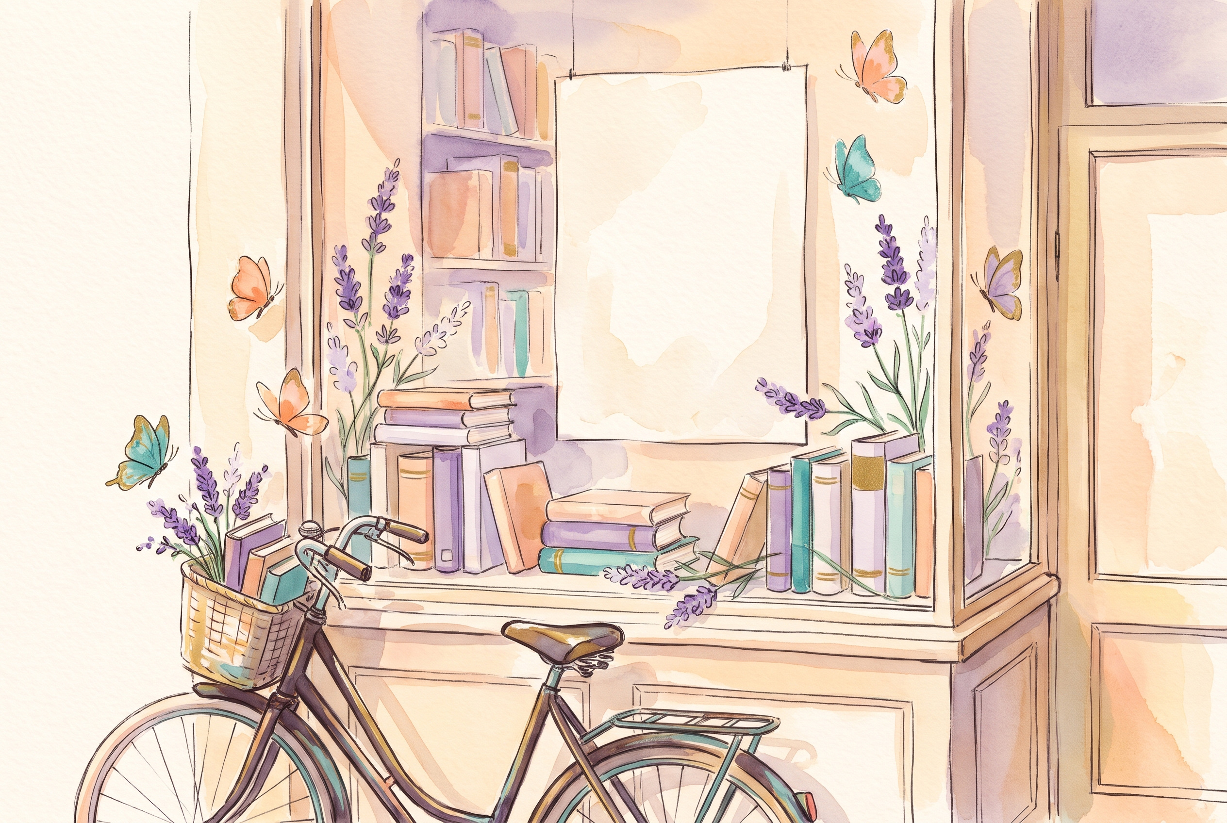 Aquarell: Schaufenster einer kleinen Buchhandlung mit leerem Plakat ohne Schrift, warmes Abendlicht, Pfirsichtöne