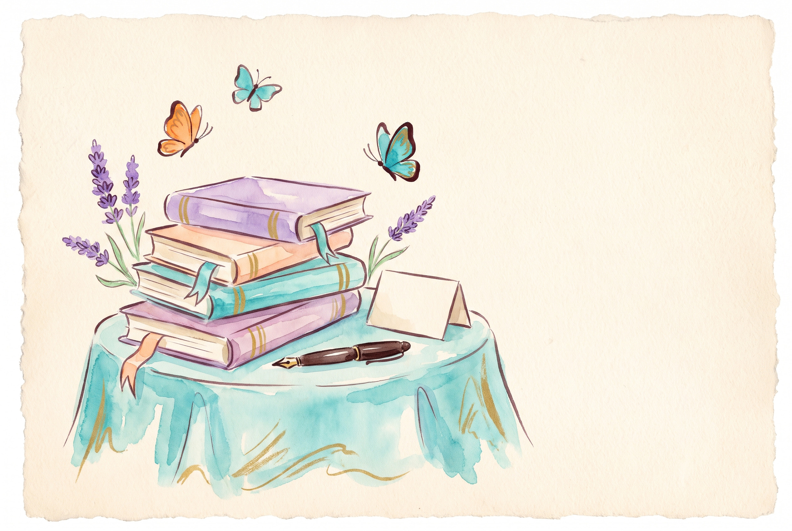 Aquarell: Büchertisch mit gestapelten Büchern, Lesezeichen, kleinem Aufsteller und Füller, Türkis und Gold