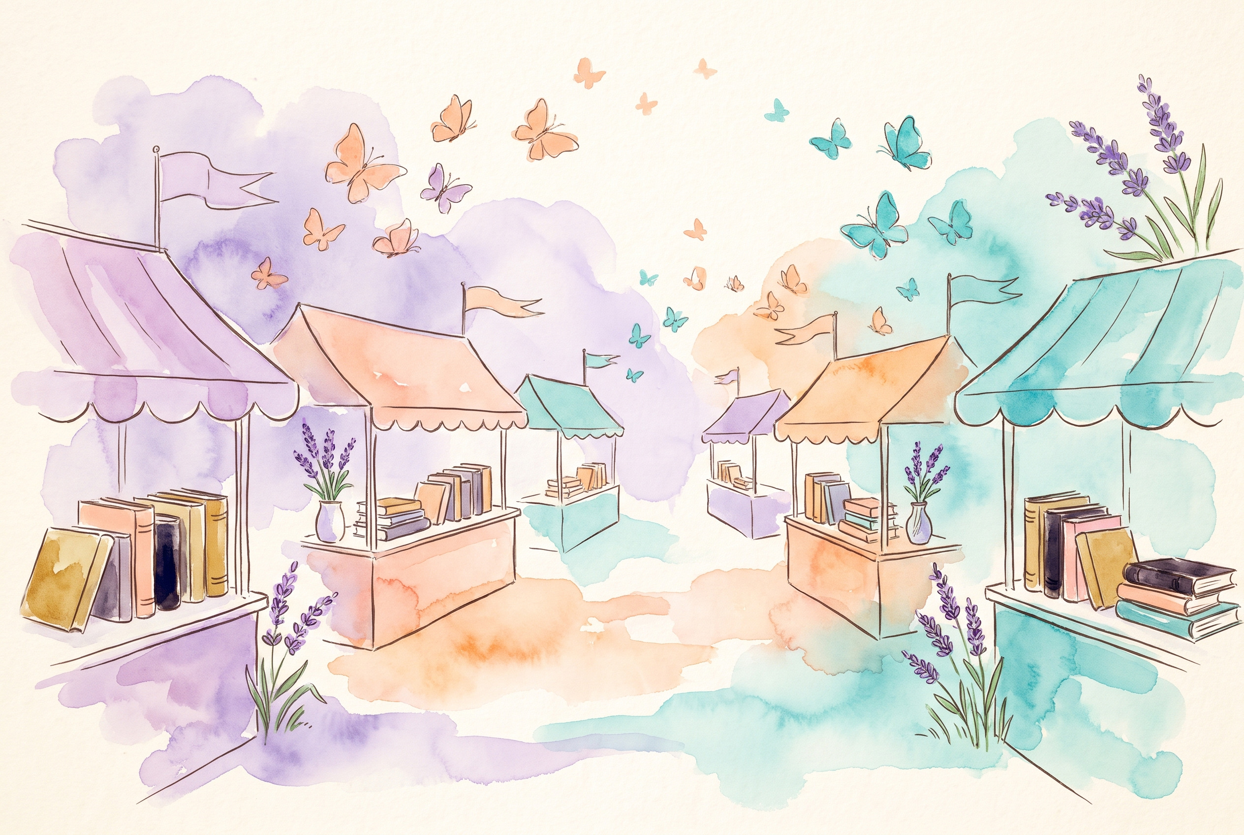 Aquarell: Messehalle angedeutet mit kleinen Bücherständen und Fähnchen, ohne Menschen, Schmetterlinge über den Ständen