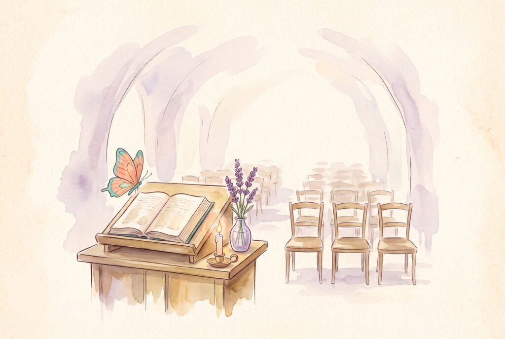 Aquarell: Lesepult mit aufgeschlagenem Buch, Kerzenlicht, Stuhlreihen angedeutet, Lavendel und Schmetterling