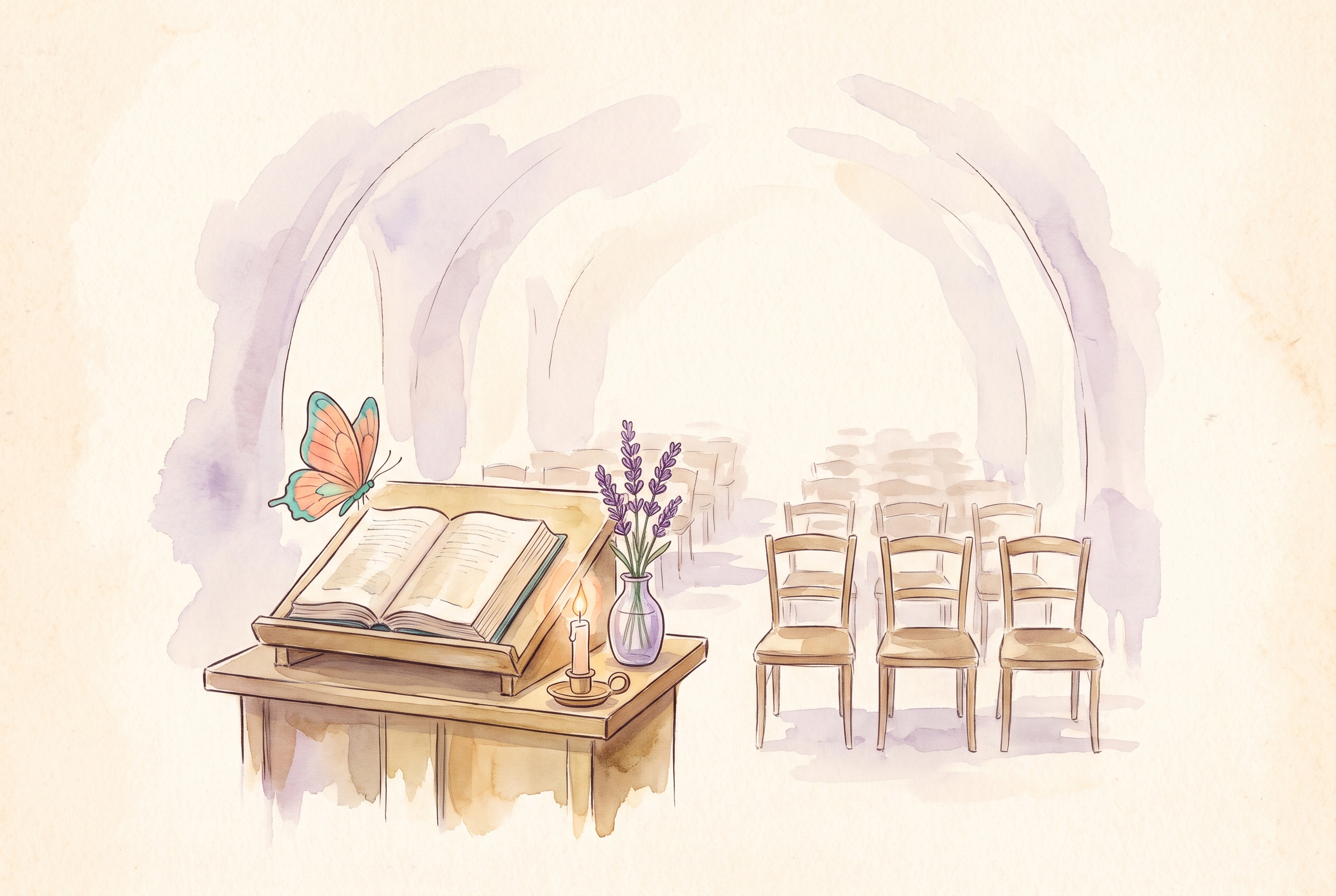Aquarell: Lesepult mit aufgeschlagenem Buch, Kerzenlicht, Stuhlreihen angedeutet, Lavendel und Schmetterling