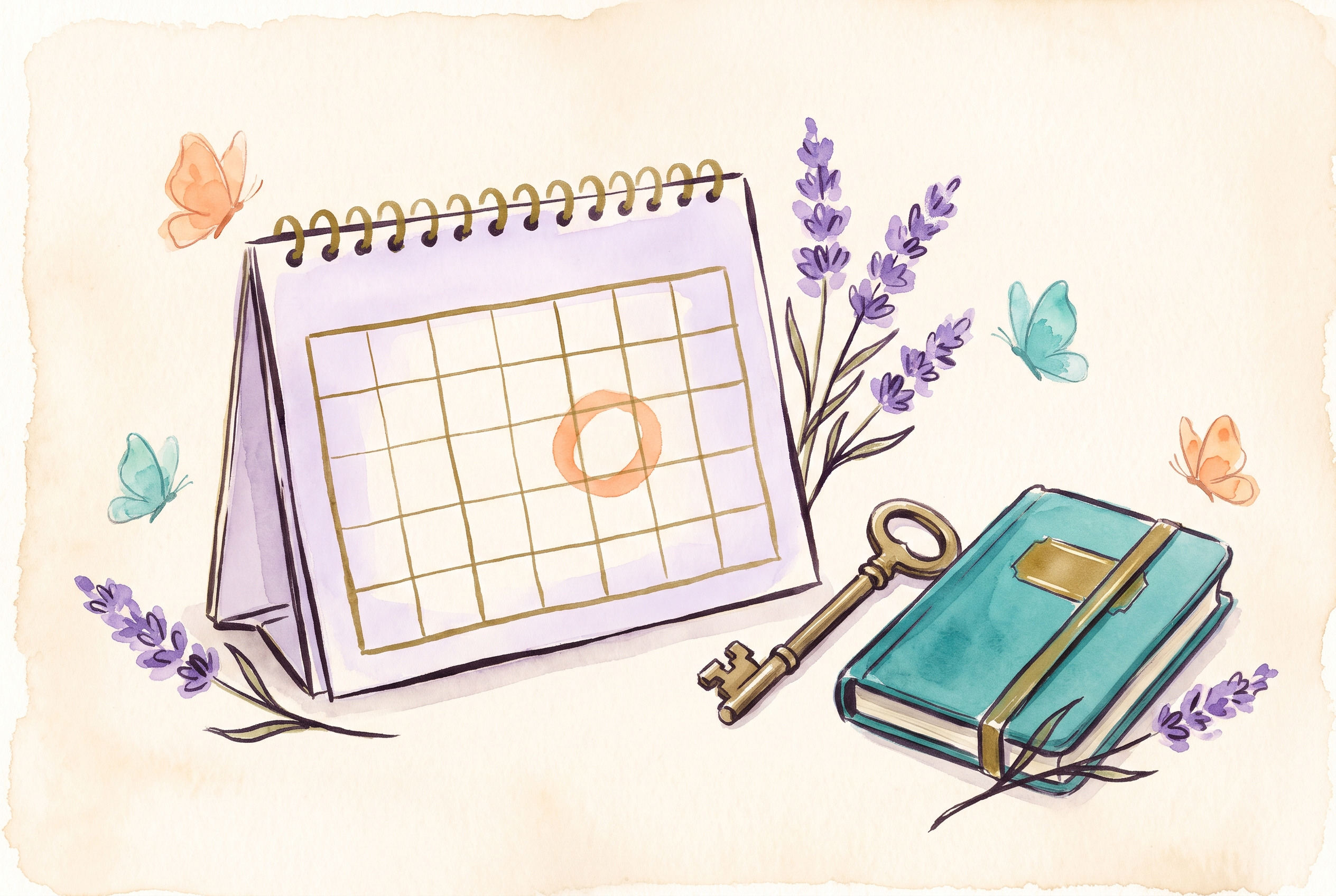 Aquarell: Kalender mit markiertem Tag, daneben ein Schlüssel und ein Buch, Türkis- und Pfirsichtöne