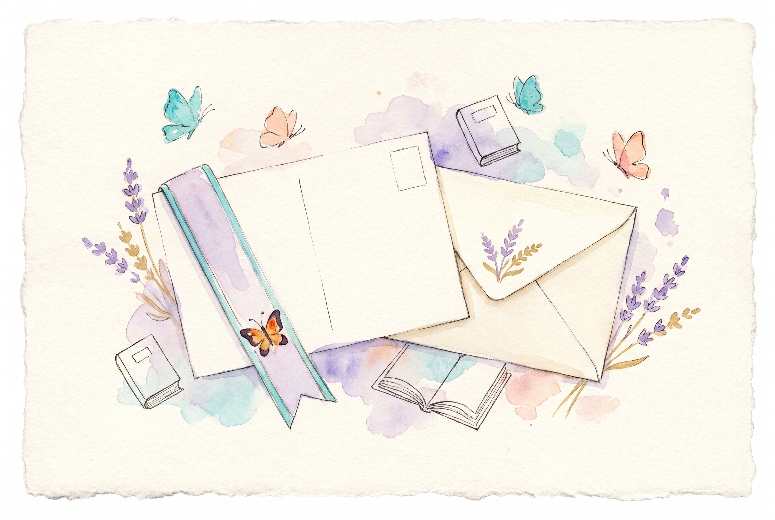 Aquarell: Lesezeichen mit Schmetterling, kleine Postkarte und ein Briefumschlag auf Aquarellpapier