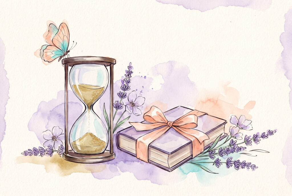 Aquarell: Sanduhr neben einem Buch mit Schleife, Schmetterling, Lavendel, Goldtöne