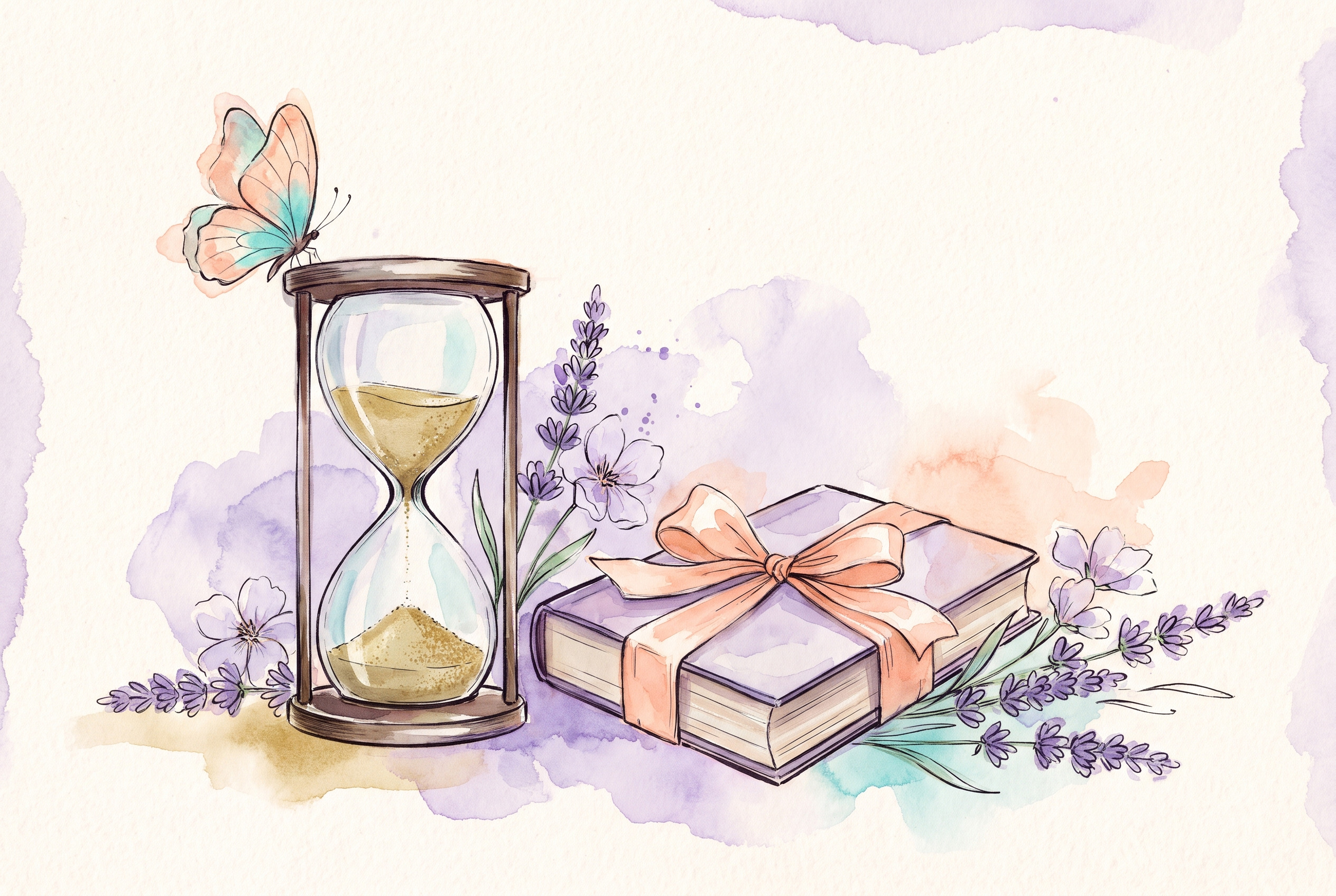 Aquarell: Sanduhr neben einem Buch mit Schleife, Schmetterling, Lavendel, Goldtöne