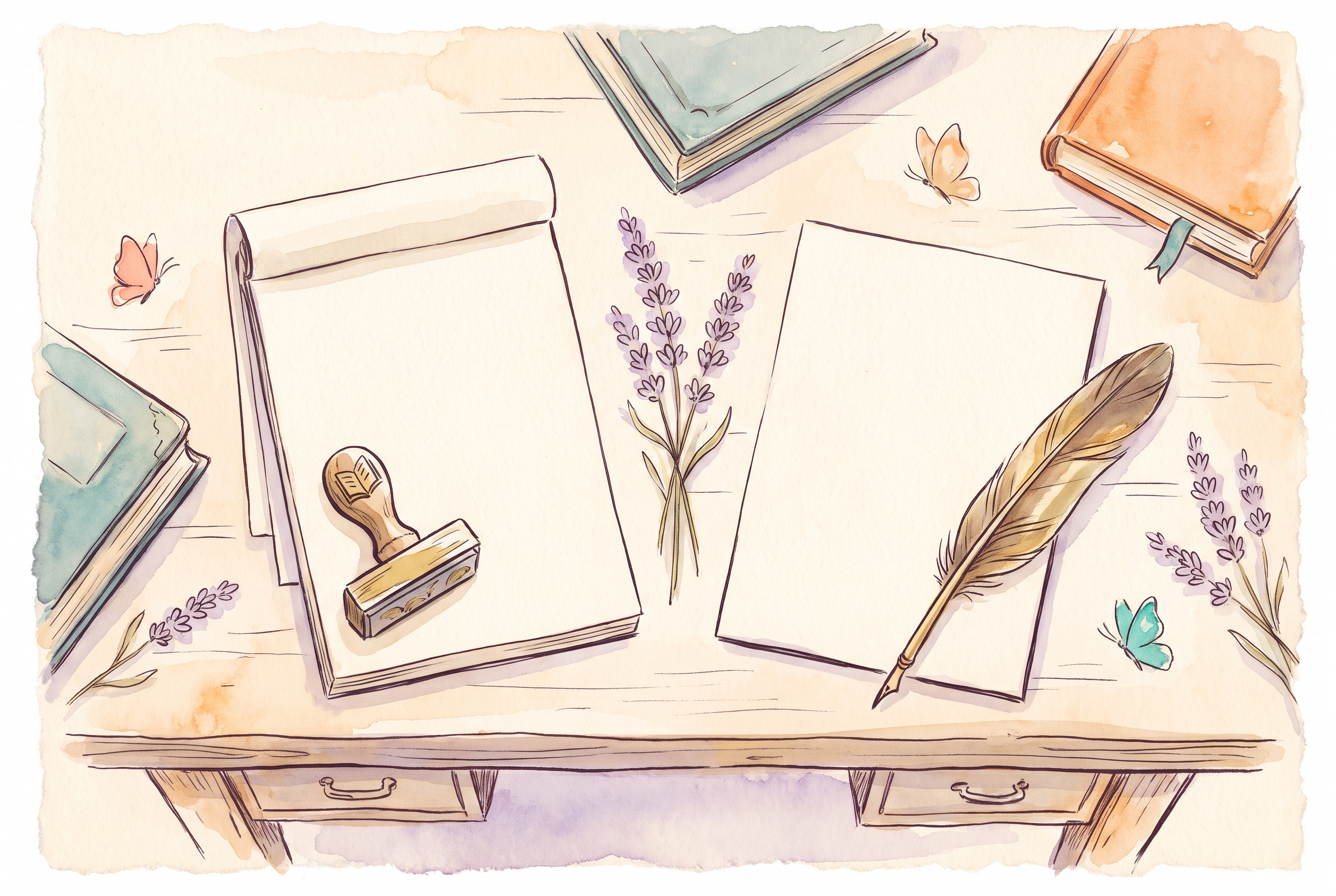 Aquarell: Schreibtisch mit zwei Notizblöcken, einer mit Stempel, einer mit Feder, dazwischen ein Lavendelzweig