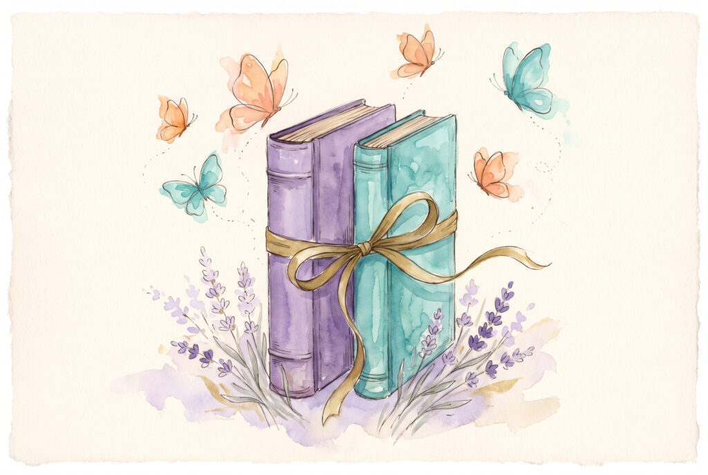 Aquarell: zwei Bücher Rücken an Rücken, verbunden durch eine goldene Schleife, darüber Schmetterlinge und Lavendel