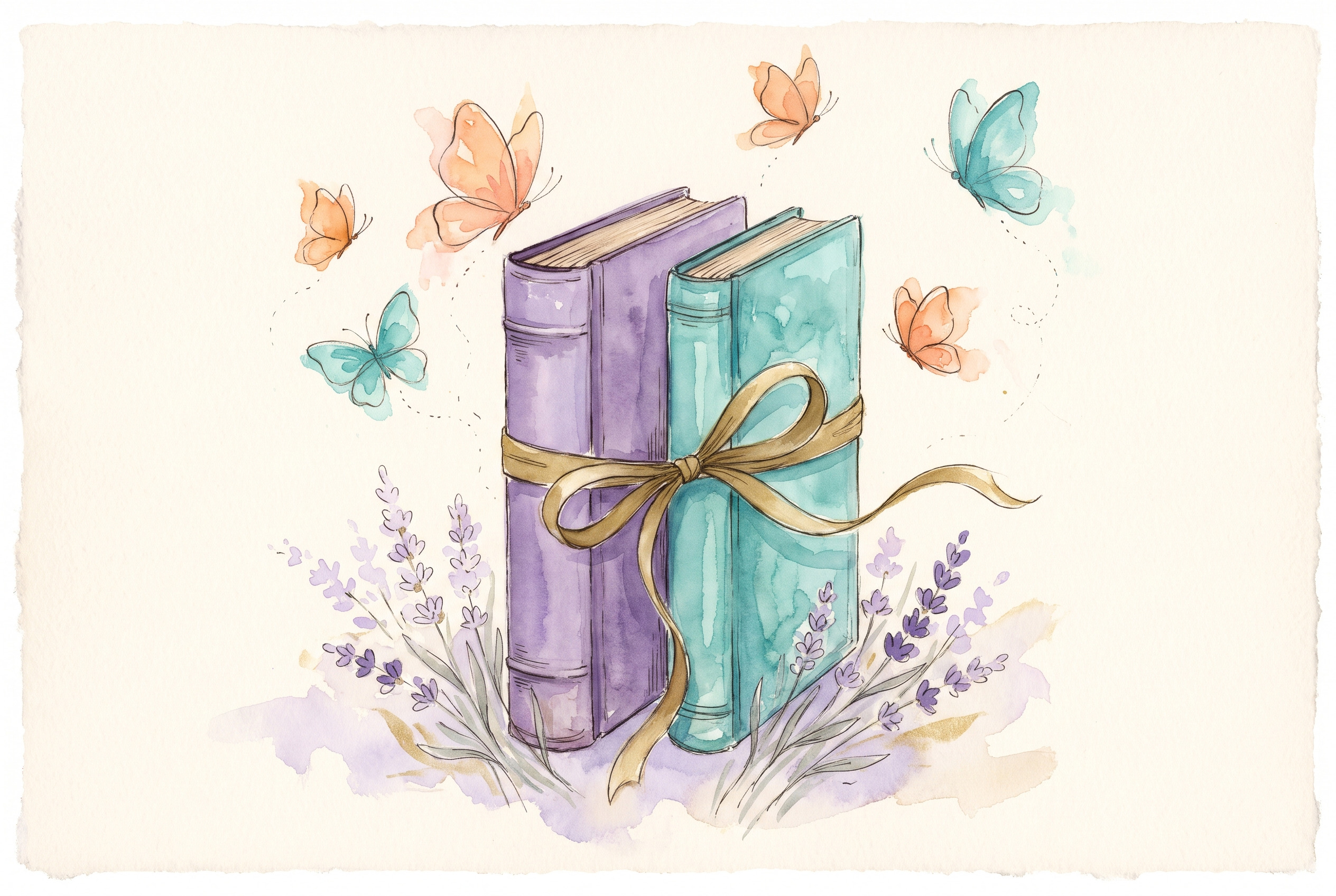 Aquarell: zwei Bücher Rücken an Rücken, verbunden durch eine goldene Schleife, darüber Schmetterlinge und Lavendel