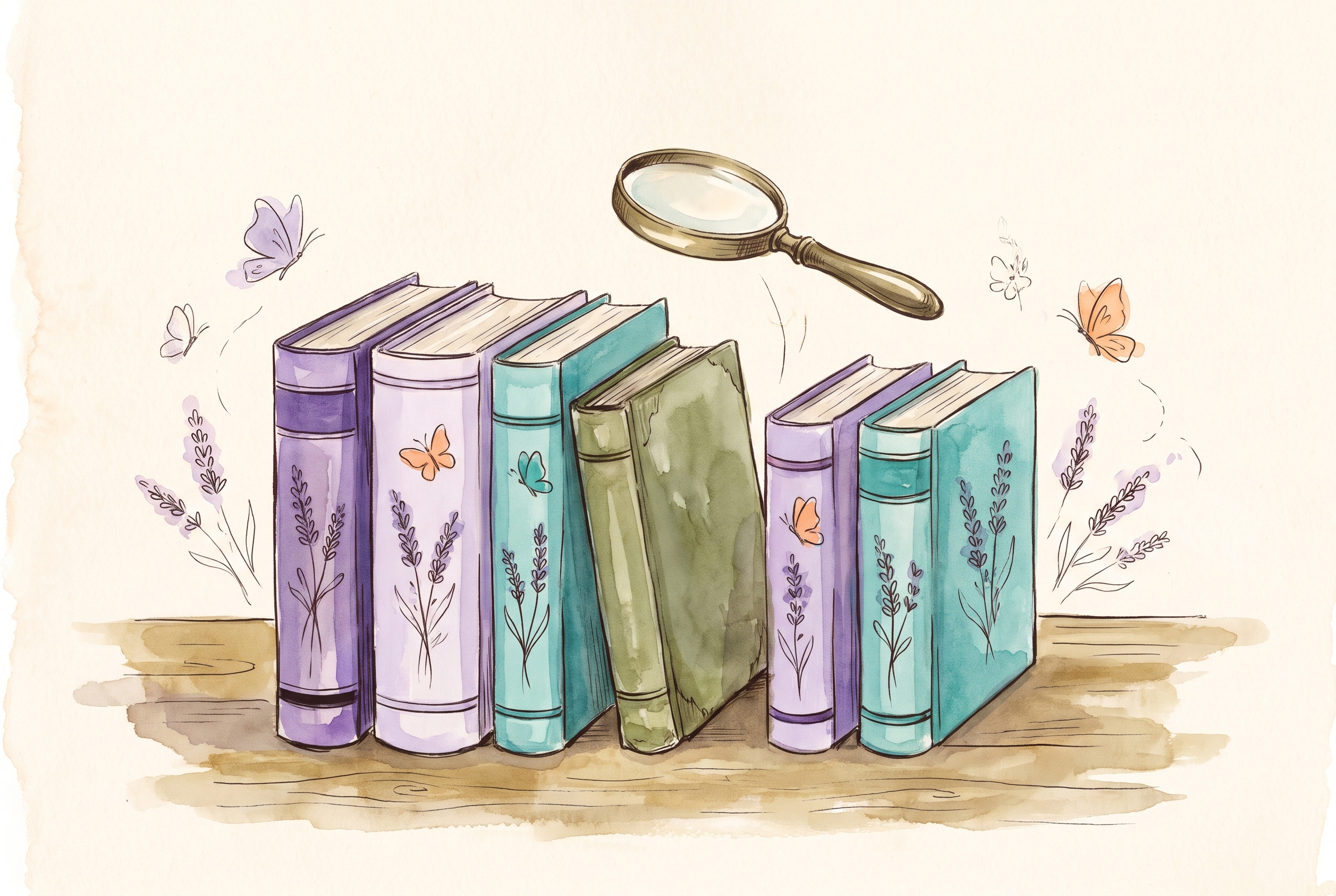 Aquarell: sechs Bücher nebeneinander auf einem Tisch, eines fällt durch andere Farben auf, Lupe daneben