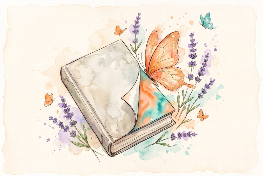 Aquarell: ein Buch, aus dessen Seiten ein Schmetterling aufsteigt, altes Cover verblasst, neues in Pfirsich und Türkis
