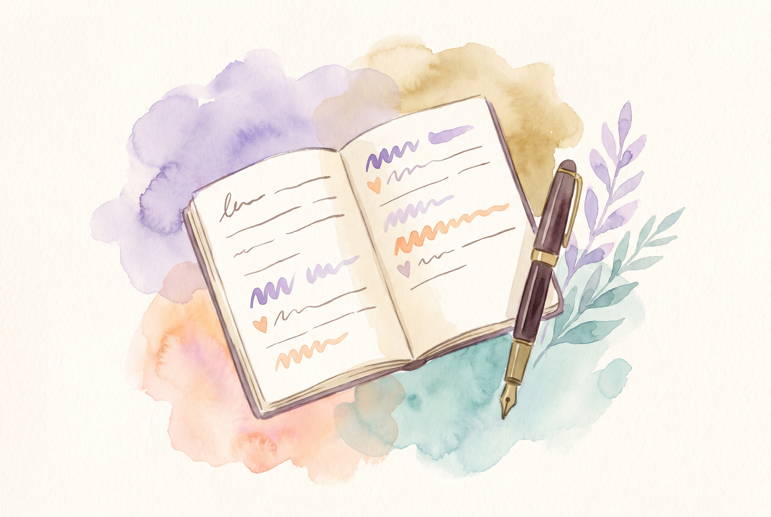 Aquarell: Notizbuch mit vielen kurzen Zeilen, einige mit Herzchen markiert, Füller, Lavendelzweig