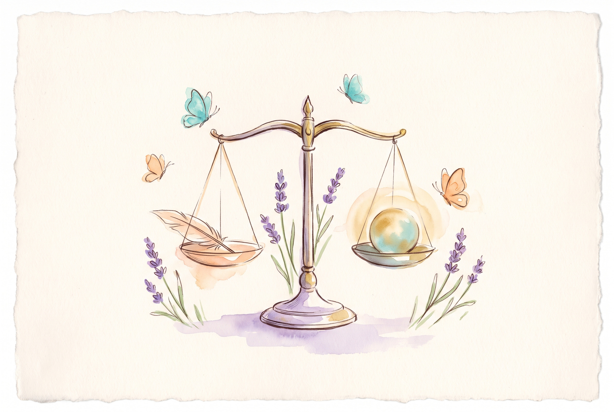Aquarell: Waage mit einer Feder auf der einen und einem leuchtenden Punkt auf der anderen Seite, im Gleichgewicht, Türkis und Gold