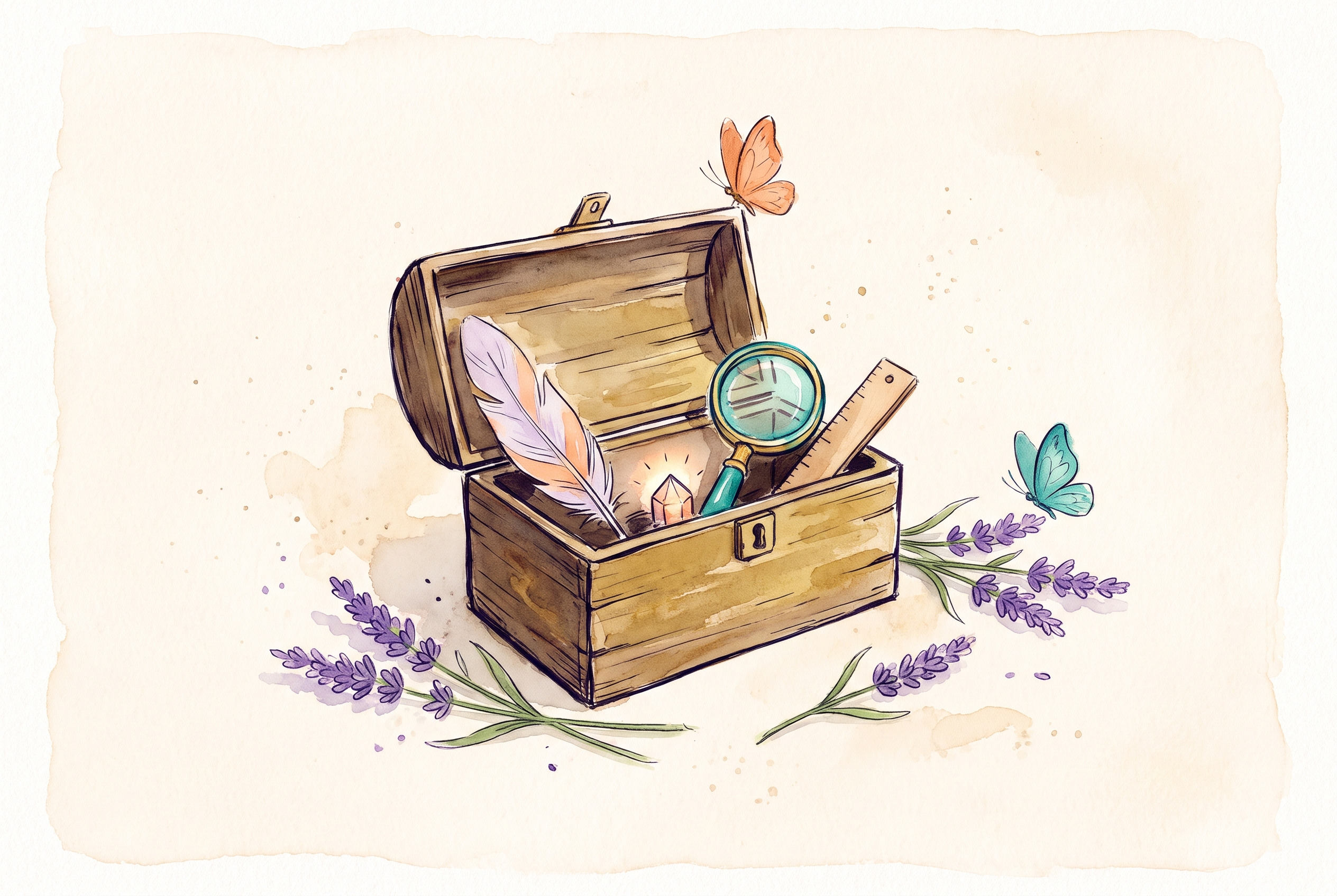 Aquarell: Werkzeugkasten aus Holz mit Feder, Lupe, Lineal und einem kleinen leuchtenden Stein, Lavendel daneben