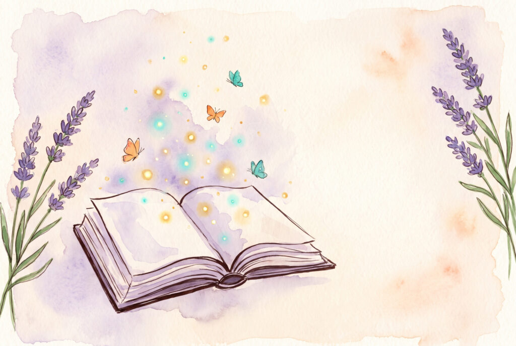 Aquarell: aufgeschlagenes Buch, aus dem leuchtende Punkte und Schmetterlinge aufsteigen, Lavendel und Gold, zartes Papier
