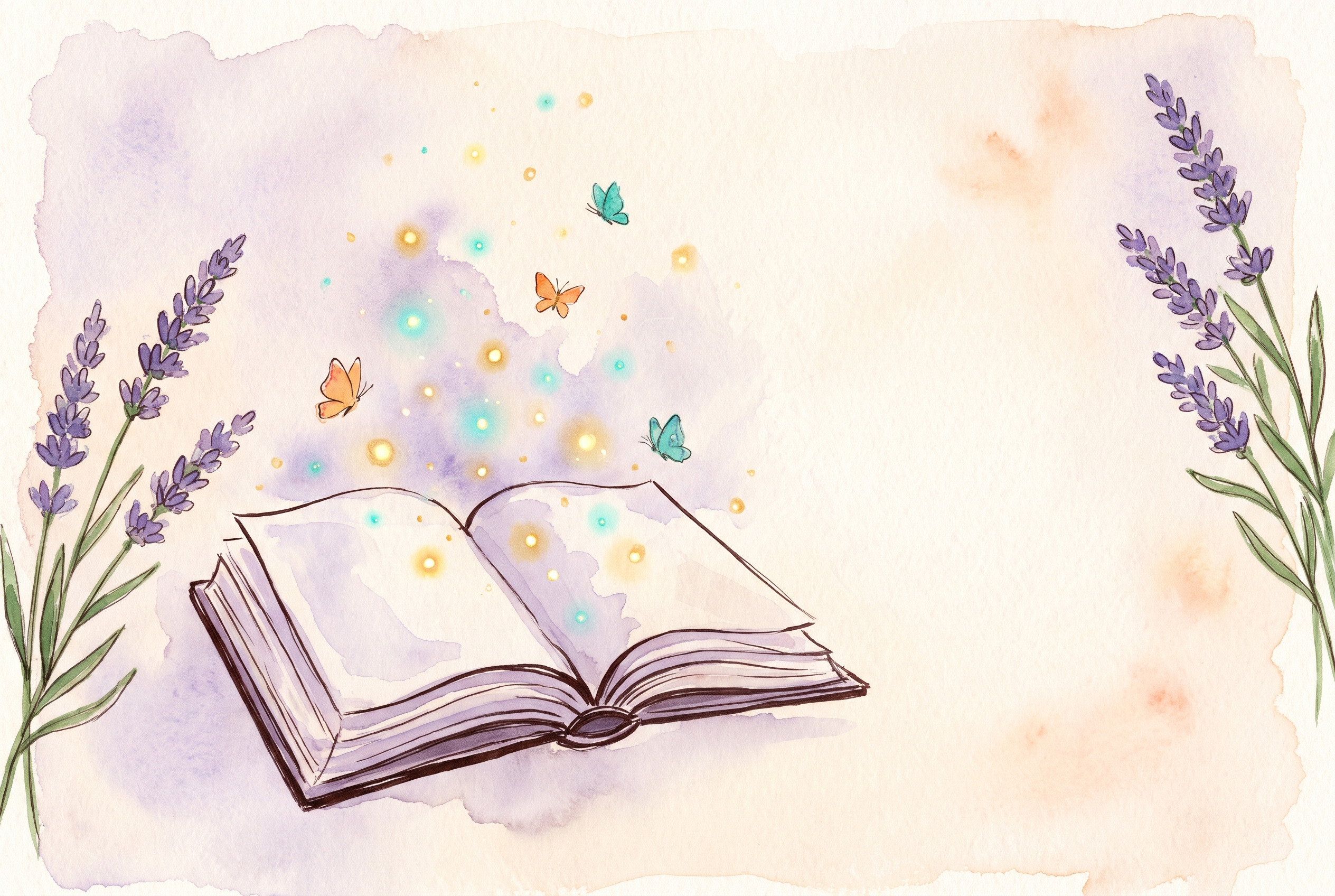 Aquarell: aufgeschlagenes Buch, aus dem leuchtende Punkte und Schmetterlinge aufsteigen, Lavendel und Gold, zartes Papier